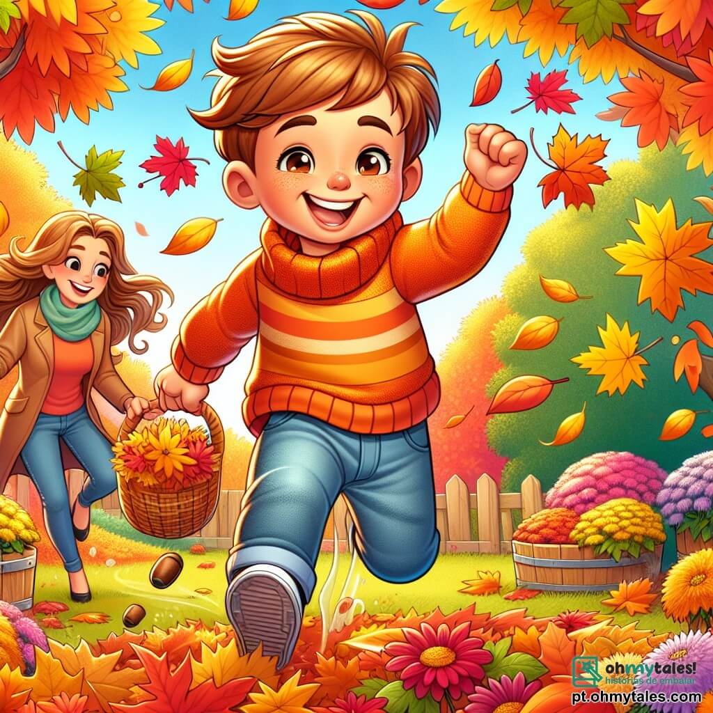 Um garoto de 6 anos, Léo, com cabelos castanhos e olhos brilhantes de curiosidade, corre alegremente em um jardim de outono, com as bochechas rosadas de excitação. Ele usa um suéter laranja vivo e uma calça jeans, rindo enquanto salta em um monte de folhas coloridas, espalhando pedaços de amarelo, laranja e vermelho ao seu redor. Sua mãe, uma mulher de cerca de 30 anos com longos cabelos castanhos e um sorriso caloroso, está próxima, recolhendo folhas para mostrar a Léo. Ela veste um casaco leve e um cachecol colorido, acrescentando à atmosfera de outono. O jardim é vibrante em cores, com árvores de folhas flamejantes, um céu azul claro salpicado de nuvens brancas e uma pequena poça d'água onde flutuam bolotas. Flores de outono, como crisântemos, adicionam toques de roxo e rosa à paisagem. A cena principal mostra Léo se divertindo ao pular nas folhas caídas, enquanto sua mãe o observa com ternura, criando um momento de alegria e conexão familiar no coração da beleza do outono.