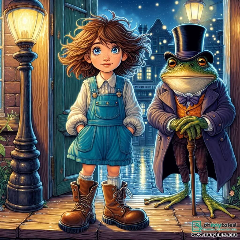 A 12-year-old girl named Frankie stands on a worn wooden porch, her eyes sparkling with curiosity and excitement. She wears a blue pinafore and oversized boots, her messy brown hair blowing in the wind. Next to her is an elegant toad named Sir Reginald, dressed in a suit and top hat, observing her with a serious yet kind expression. The porch is surrounded by twinkling lampposts, and the night is bathed in a soft golden light, creating a magical atmosphere. In the background, shadows dance on the wet cobblestones of Bumbleshire Lane, while fantastical creatures hide in the dark corners, adding a touch of mystery to the scene. With a determined smile, Frankie holds a sealed letter in her hand, ready to embark on an adventure to find the city's missing shadows.