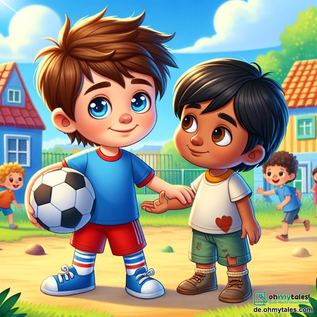 Ein 12-jähriger Junge, Max, mit zerzausten braunen Haaren und neugierigen Augen, steht auf einem sonnigen Spielplatz und lächelt breit. Er trägt ein blaues T-Shirt und rote Shorts und hält einen Fußball unter dem Arm, bereit zum Spielen. Neben ihm steht ein weiterer 12-jähriger Junge, Leon, mit schwarzen Haaren und abgetragener Kleidung, der schüchtern, aber begeistert Max dankbar ansieht. Der Spielplatz ist von bunten Häusern umgeben, mit grünen Bäumen und spielenden Kindern im Hintergrund, was eine fröhliche und lebhafte Atmosphäre schafft. In der Mitte des Bildes reicht Max die Hand zu Leon und lädt ihn ein, mit ihm Fußball zu spielen, was Freundschaft und Solidarität symbolisiert. Die Szene strahlt eine warme und ermutigende Stimmung aus und verdeutlicht das Thema der gegenseitigen Hilfe und Mitgefühl.