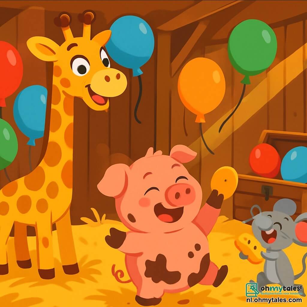 Gigi, een blije giraffe met een lange, gevlekte hals in bruin en geel, glimlacht met sprankelende ogen van opwinding. Ze staat rechtop, omringd door kleurrijke ballonnen die in de lucht zweven. Naast haar staat Boris, een grote roze varken met ronde wangen en een vrolijke uitstraling, bedekt met modder, lachend terwijl hij probeert een ballon te vangen die wegvliegt. Mila, een klein grijs muisje met grote oren en een dunne staart, springt van blijdschap terwijl ze een stuk kaas in haar kleine pootjes vasthoudt. De scène speelt zich af in een rustieke houten schuur, gevuld met gouden stro en oude landbouwgereedschappen, met zonnestralen die door de kieren in de muren filteren. Achterin is een oude houten kist te zien, open, die kleurrijke ballonnen laat ontsnappen die dansen in de lucht. Gigi en haar vrienden vieren een blije ontdekking, omringd door stralende ballonnen, lachend en spelend samen onder het ochtendlicht, wat een sfeer van geluk en vriendschap creëert.