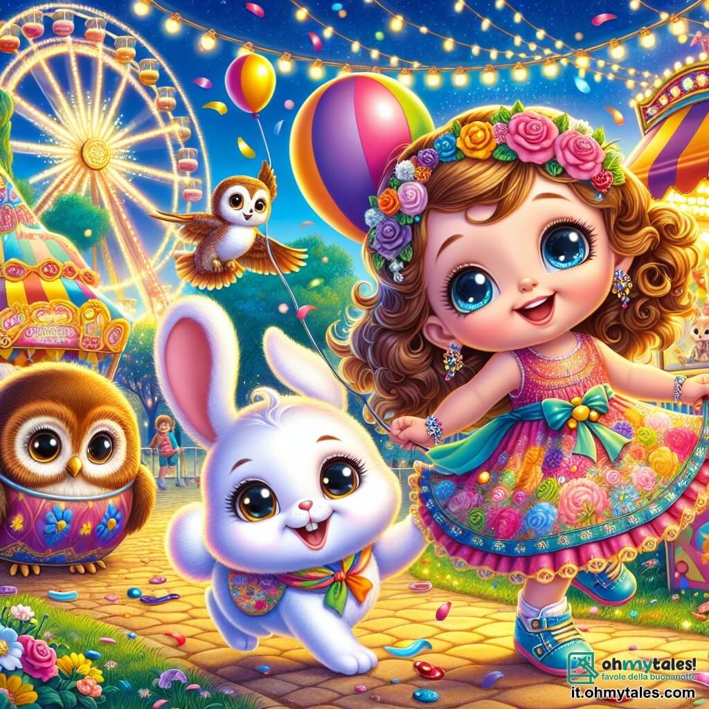 Una bambina di 3 anni, Sofia, con grandi occhi brillanti e capelli ricci, indossa un vestito colorato decorato con fiori. Sorride con meraviglia, tenendo un palloncino multicolore nella mano. Accanto a lei, un coniglietto bianco con grandi orecchie e pelo morbido salta felice, pronto a trascinarla in un'avventura. Più lontano, un piccolo gufo marrone con occhi rotondi, appollaiato su un ramo, li osserva con curiosità, con le ali leggermente spiegate. La scena si svolge in un parco magico, pieno di colori vivaci e decorazioni di carnevale: ghirlande di luci scintillanti, palloncini fluttuanti e coriandoli che danzano nell'aria. Sullo sfondo, una grande ruota panoramica luminosa gira lentamente, aggiungendo all'atmosfera festosa. Sofia, il coniglietto e il gufo si trovano davanti a un grande scrigno del tesoro aperto, pieno di caramelle, maschere e giocattoli colorati. Sono tutti emozionati, pronti a scoprire le meraviglie nascoste all'interno, simboleggiando l'amicizia e la gioia del carnevale.