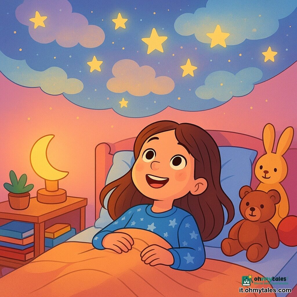Una ragazza di 8 anni, Chiara, con lunghi capelli castani e occhi pieni di curiosità, è sdraiata nel suo letto accogliente. Il suo viso irradia gioia e meraviglia mentre guarda il soffitto. Indossa un pigiama blu a stelle e un sorriso luminoso illumina il suo volto. Sopra di lei, un Soffitto Parla-Stelle, un soffitto magico con motivi di nuvole e stelle scintillanti, sembra parlarle con una voce dolce e amichevole. La camera è piena di giocattoli colorati, libri impilati e peluche, con muri dipinti di rosa chiaro. Una luce soffusa proviene da una lucina a forma di luna, proiettando ombre danzanti sulle pareti. In questa scena, Chiara sta chiacchierando allegramente con il Soffitto Parla-Stelle, condividendo risate e sogni, mentre le stelle brillano sopra di lei, creando un'atmosfera magica e rasserenante.