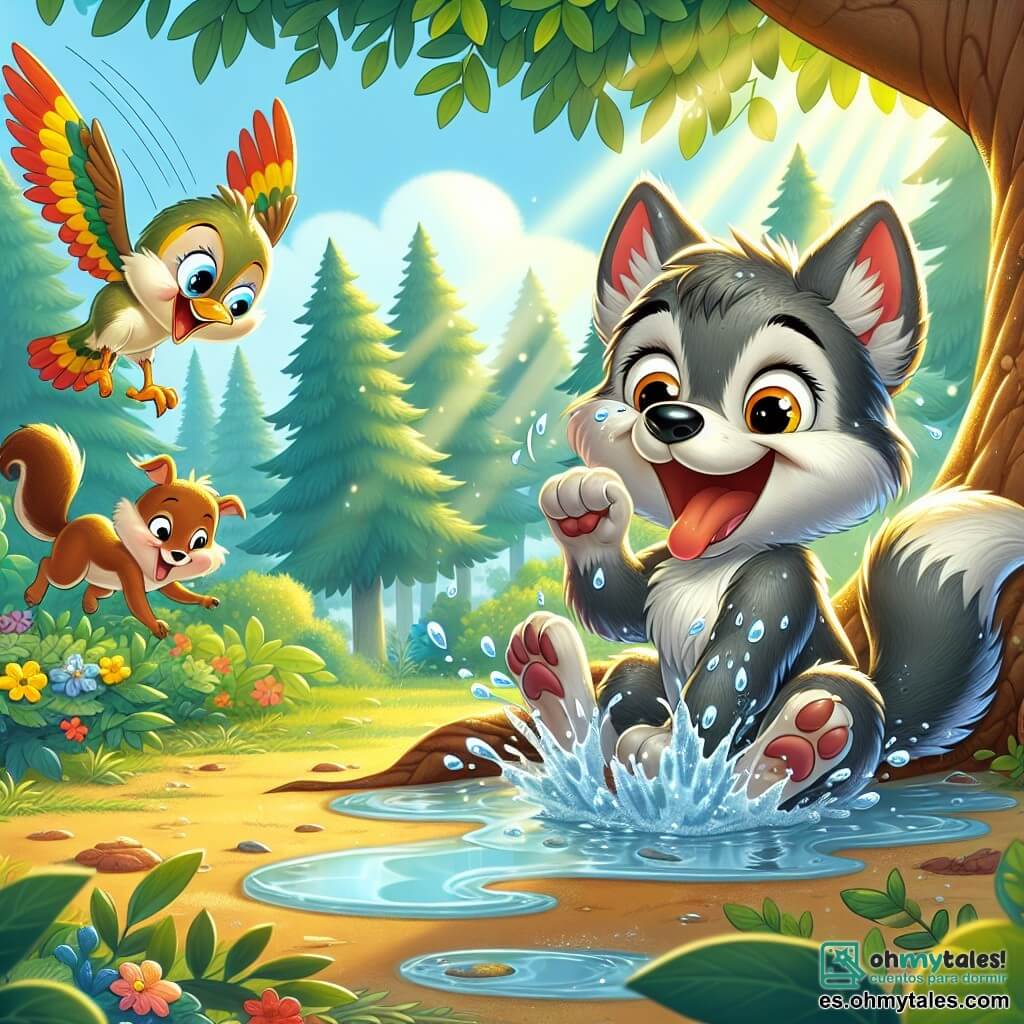 Un pequeño lobo llamado Lupi, con pelaje gris y ojos brillantes de travesura, está sentado sobre un tronco de árbol, riendo a carcajadas después de deslizarse en un charco de agua. Tiene una gran sonrisa en su rostro, sus orejas puntiagudas están erguidas y gotas de agua brillan en su pelaje. A su lado, un ave colorida llamada Pío, con plumas amarillas y rojas, vuela en círculos, riendo de la situación, con sus alas desplegadas y ojos brillantes de alegría. Más allá, una pequeña ardilla marrón llamada Nala, con una cola esponjosa, aplaude saltando sobre sus patas traseras, su rostro radiante de emoción. El escenario es un hermoso bosque verde, con rayos de sol filtrándose a través de las hojas de los árboles, iluminando el suelo cubierto de flores coloridas y hojas. Al fondo, un arroyo brilla, añadiendo un toque de magia a la escena. La situación principal muestra a Lupi, Pío y Nala en plena aventura, riendo juntos después de una caída cómica en un charco, rodeados de sus amigos animales, celebrando la alegría de la amistad y los momentos divertidos.