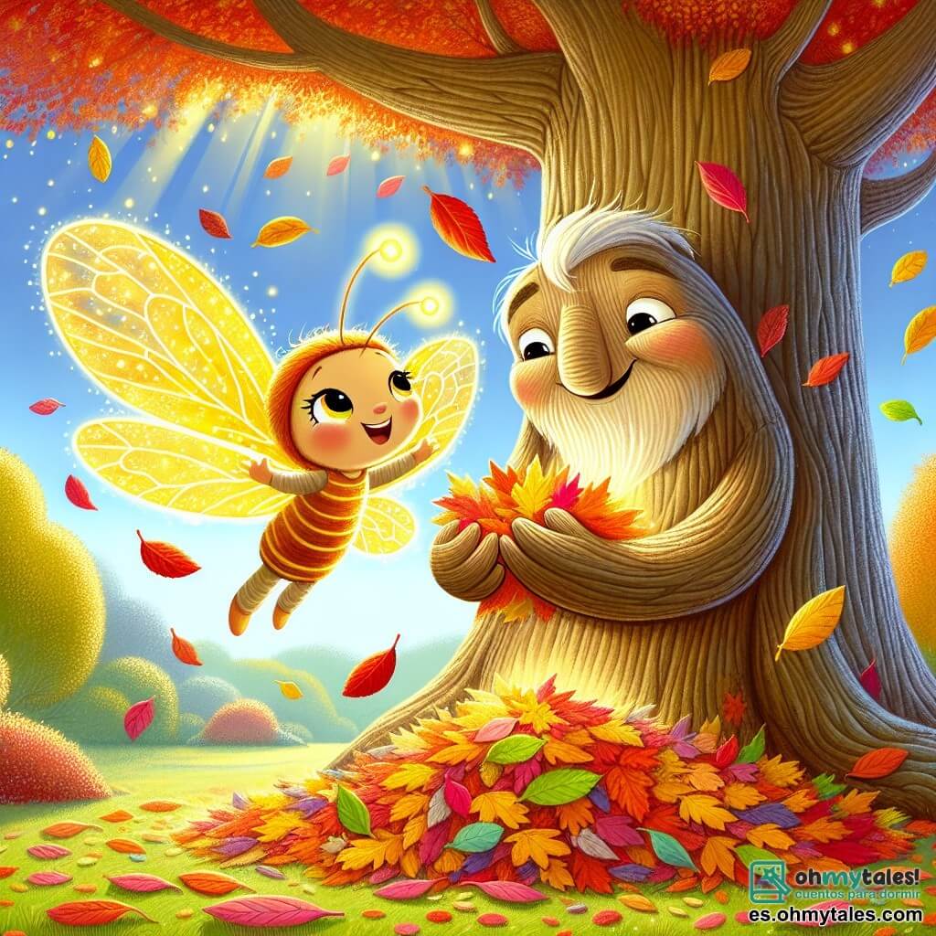Una pequeña luciérnaga llamada Lila, con un cuerpo luminoso y alas translúcidas, vuela alegremente alrededor de un gran árbol, su rostro radiante de felicidad. Está recogiendo hojas coloridas que caen a su alrededor, con los ojos brillantes de emoción. Junto a ella, Don Roble, un árbol majestuoso con un tronco ancho y nudoso, tiene hojas rojas y doradas. Su expresión es cálida y agradecida, y se inclina ligeramente para ayudar a Lila a recoger las hojas. El lugar es un jardín encantador, lleno de colores otoñales, con hojas esparcidas por el suelo y un cielo azul claro de fondo. Los rayos de sol filtran a través de las ramas, creando una atmósfera mágica. La escena principal muestra a Lila y Don Roble colaborando alegremente para recoger las hojas caídas, celebrando juntos la belleza del otoño.