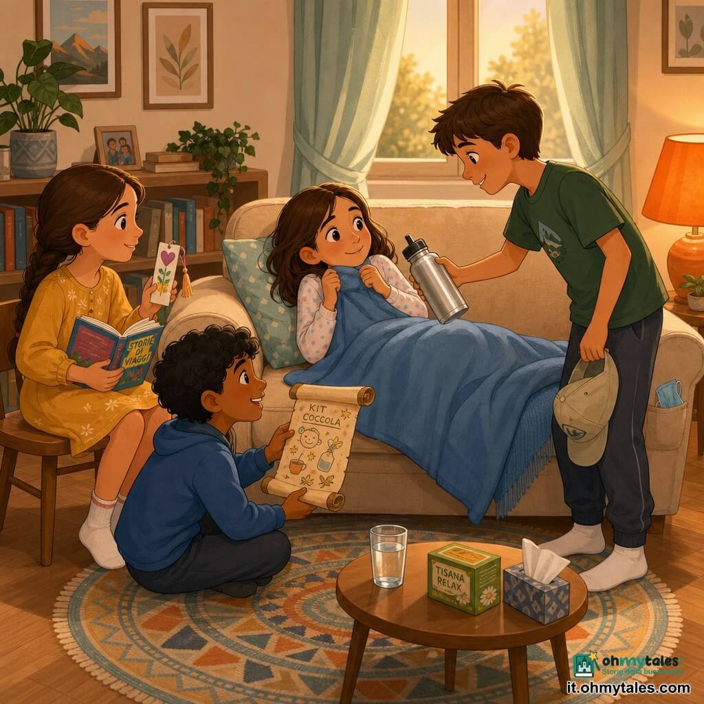 Ci sono quattro bambini: Martina, bambina di circa 10 anni, capelli castani a mezza lunghezza, in pigiama chiaro a pois, stanca e sdraiata su un divano beige con una coperta blu fino al mento; Tommaso, ragazzo di circa 10 anni, capelli corti castani, caschetto leggero in mano, t-shirt verde, in piedi a destra del divano che porge una borraccia d'alluminio per farla bere; Sofia, bambina di circa 10 anni, capelli lunghi trecciati, vestito giallo senape, seduta su una sedia a sinistra con un libro e un segnalibro fatto a mano, sorridente e attenta; Nabil, ragazzo di circa 11 anni, pelle olivastra e capelli neri ricci, con un maglione blu, accucciato vicino al piede del divano che mostra una pergamena arrotolata. L'ambiente è un salotto caldo e luminoso con parquet chiaro, tappeto rotondo geometrico, scaffale basso con qualche libro e pianta, luce soffusa di una lampada da tavolo arancione e una finestra con tende pastello che lascia entrare la luce del tardo pomeriggio. Situazione: visita amichevole a casa, Martina malata sul divano circondata dagli amici che mantengono distanza e offrono piccoli gesti di cura (borraccia, libro, coperta, tazza d'acqua, scatola di tisane), scena tranquilla e rassicurante con colori caldi e volti espressivi.