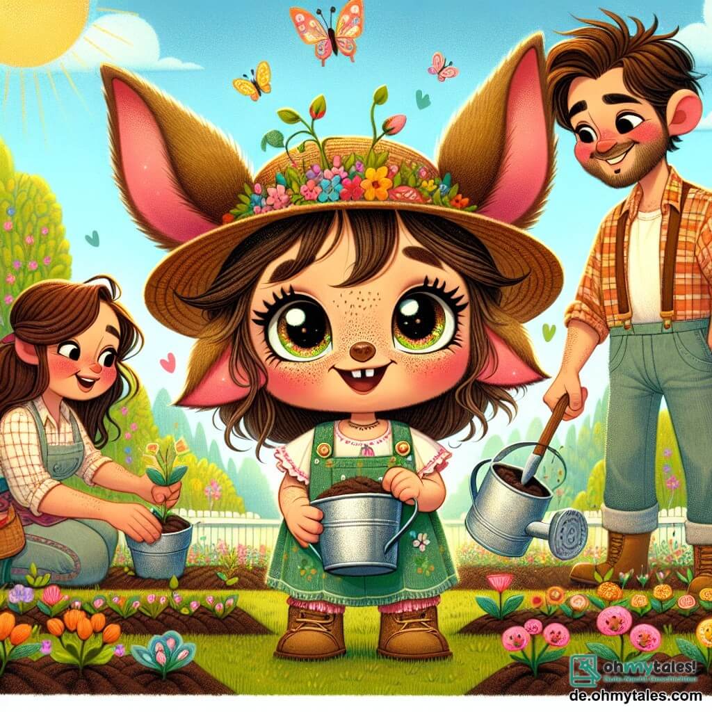 Lilli, ein kleines Wesen mit funkelnden Augen und weichem Fell, steht im Mittelpunkt des Bildes, lächelt und ist voller Freude, während sie bunte Samen in ihrem sonnigen Garten pflanzt. Sie trägt ein grünes Kleid mit Blumen und einen Strohhut, der ihr einen schelmischen Ausdruck verleiht. Neben ihr steht ihr Vater, ein Mann mit einem warmen Lächeln und braunem Bart, der eine Schaufel hält und sie stolz ermutigt. Er trägt ein kariertes Hemd und eine Stoffhose und steht leicht im Hintergrund, bewundernd die Arbeit seiner Tochter. Im Hintergrund gießt ihre Mutter, eine sanfte Frau mit langen kastanienbraunen Haaren, die jungen Pflanzen mit einer schönen, glänzenden Gießkanne und zeigt ein zufriedenes Lächeln. Der Garten ist ein wahres Frühlingsgemälde, mit bunten Blumen in voller Blüte, Schmetterlingen, die herumfliegen, und einem blauen Himmel, der mit flauschigen weißen Wolken übersät ist. Die Szene zeigt Lilli, voller Begeisterung, beim Säen von Samen, was den Beginn eines schönen Gartenabenteuers und der Entdeckung der Magie des Frühlings symbolisiert.