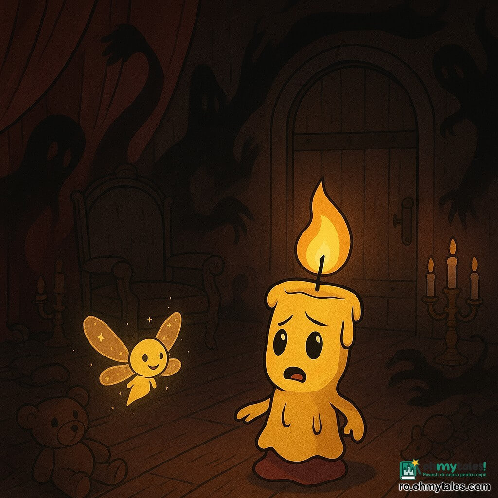 Într-o cameră întunecată și misterioasă, o mică flacără de lumânare, numită Luminița, stă pe o masă din lemn aspru. Are o formă delicată, cu o ceară galbenă aurie care strălucește, iar ochii săi din ceară în formă de lacrimă strălucesc de curiozitate amestecată cu frică. Luminița tremură ușor, flacăra ei vacilantă proiectând umbre dansante pe pereți. Aproape de ea, o mică ființă luminoasă, Scânteioara, seamănă cu o scânteie cu aripi, plutind în jurul Luminiței. Are aripi translucide care strălucesc ca stelele, iar expresia ei este încurajatoare, plină de hotărâre. Scânteioara zboară veselă, pregătită să-și susțină prietena. Locul este o cameră vastă, cu pereți acoperiți de catifea roșie închisă, unde umbrele se strecoară printre jucării vechi împrăștiate pe podea. Un fotoliu mare din lemn negru domnește în centru, înconjurat de candelabre prăfuite care par să șoptească secrete uitate. Situația principală o arată pe Luminița, hotărâtă să-și înfrunte temerile, îndreptându-se spre o mare ușă din lemn negru, în timp ce umbre amenințătoare se strâng în jurul ei, gata să o înghită. Lumina flăcării ei luminează calea, dezvăluind siluete neclare și șoapte misterioase care plutesc în aer.