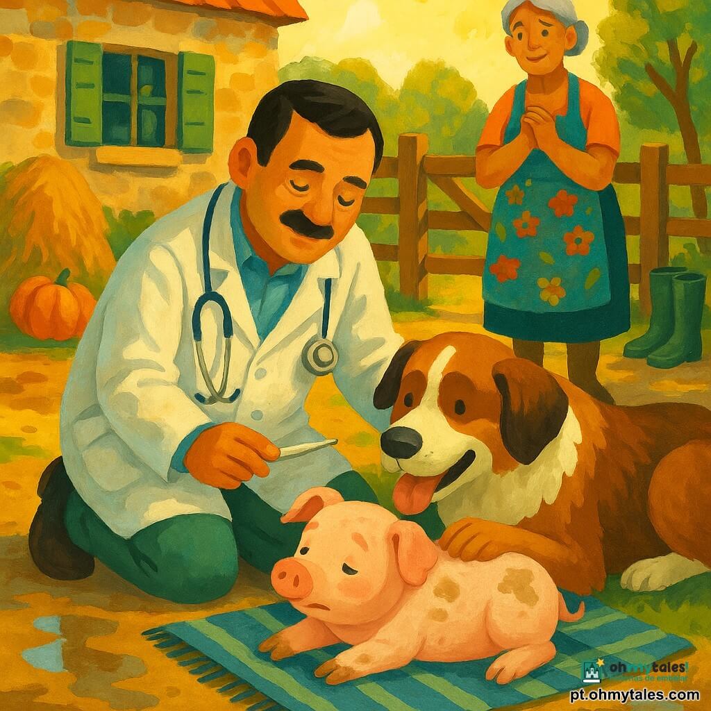 O Dr. Miguel, na casa dos quarenta, rosto redondo e pequena moustache, ajoelhado de jaleco branco com estetoscópio, acaricia e examina com ternura o porquinho Tufão — rosado com manchas de lama e patas levemente inchadas — deitado numa manta listrada; ao lado, Tobias, um cão de guarda grande, marrom e branco, protegido e afetuoso, encostado no porquinho; Dona Paula, cerca de 60 anos, cabelo grisalho preso e avental florido, de pé junto ao portão de madeira com expressão aliviada; cena numa quinta ensolarada com chão de terra encharcada, cerca de tábuas gastas, botas de borracha, uma abóbora e feno, casa de pedra com estores verdes ao fundo; o veterinário cuida do animal com um pequeno frasco de remédio sobre um balde, luz suave da manhã e paleta quente de ocres, verdes, rosas e castanhos.
