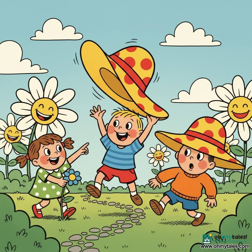 Two-year-old Timmy, joyful with short blond hair and rosy cheeks, wearing a blue striped tee and red shorts, jumps on the lawn as a huge yellow hat with red spots flies from his arm and lands comically on a large flower; nearby, three-year-old Bella, playful with brown pigtails in a green polka-dot dress, points and laughs to Timmy’s left, while three-year-old Max, funny and surprised with short black hair and an orange sweater, stumbles to Timmy’s right with the oversized hat partly covering his face, all in a sunny, colorful garden with green grass, stylized daisies, a curved stone path, round bushes and a clear sky with puffy clouds, exaggerated, bold lines and bright colors conveying clear, humorous expressions.