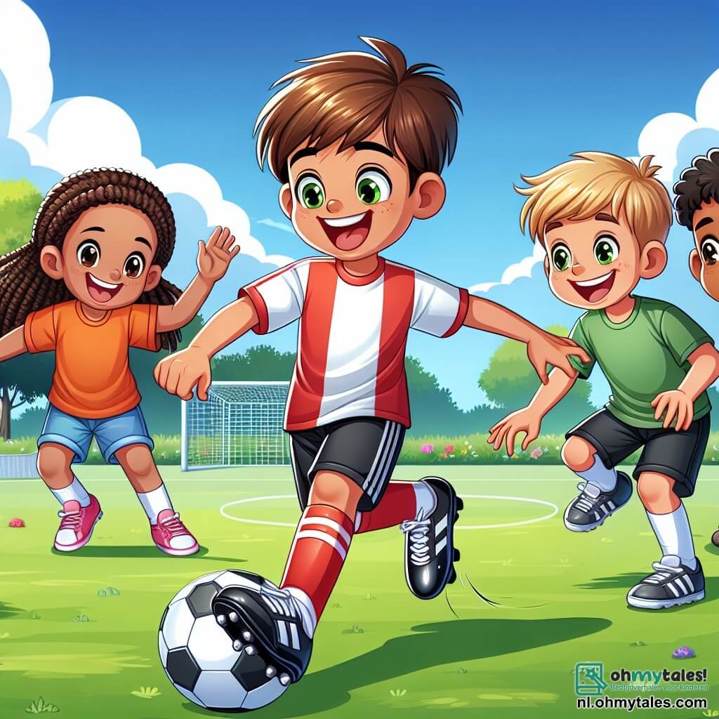 Een jonge jongen genaamd Tim, ongeveer 10 jaar oud, staat in het midden van de afbeelding, enthousiast glimlachend. Hij draagt een rood-wit voetbalshirt, een zwarte short en glanzende sportschoenen. Hij dribbelt vrolijk een groene voetbal op een grasveld. Om hem heen spelen verschillende kinderen: een 9-jarig meisje met vlechten dat hem bewonderend aankijkt, en een 10-jarig blond jongetje dat met een grote glimlach probeert de bal te raken. Ze spelen allemaal op het veld. De locatie is een mooi openluchtvoetbalveld, omringd door groene bomen en een heldere blauwe lucht. Aan de zijkanten zijn kleurrijke bloemen te zien en aan de achterkant staat een klein doel. De belangrijkste situatie toont Tim en zijn vrienden die samen plezier hebben, terwijl Tim de anderen laat zien hoe ze de bal moeten dribbelen, terwijl ze lachen en elkaar aanmoedigen, wat een vrolijke en vriendschappelijke sfeer creëert.