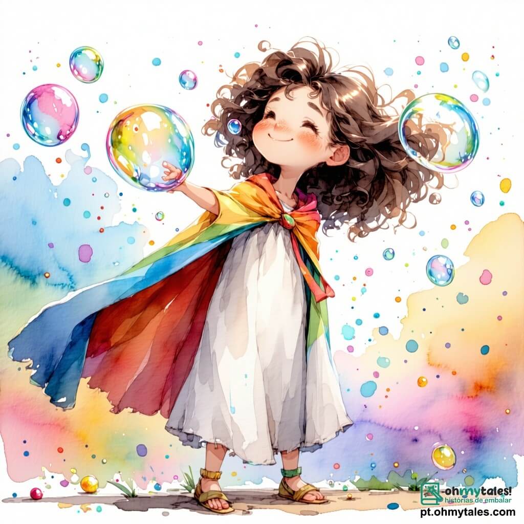 No centro da imagem, Lila, uma menina de cerca de 8 anos, usa uma capa colorida feita de um velho lençol branco. Ela tem cabelos cacheados e castanhos que voam com o vento, e seu rosto está iluminado por um grande sorriso, mostrando seu entusiasmo. Lila está soprando bolhas de sabão gigantes que flutuam ao seu redor, criando uma atmosfera alegre e lúdica. À sua direita, Max, um garoto de 9 anos, está vestido com um traje de super-herói vermelho e uma máscara preta. Ele ri enquanto tenta pegar uma bolha que escapa, seus olhos brilhando de travessura. À sua esquerda, o Terrível Senhor Tofu, um homem de cerca de trinta anos, está vestido com um traje verde com padrões de tofu. Ele está sentado no chão, com uma expressão desesperada, cercado por bolhas de sabão, enquanto tenta se levantar. A cena acontece em um pátio de escola ensolarado, com árvores verdes ao fundo e crianças brincando ao redor. Desenhos coloridos estão pendurados nas paredes da escola, adicionando um toque de alegria ao ambiente. A situação principal mostra Lila criando bolhas de sabão que sobem ao ar, enquanto o Terrível Senhor Tofu escorrega em uma bolha, caindo no chão de forma cômica, o que provoca risadas nas outras crianças.