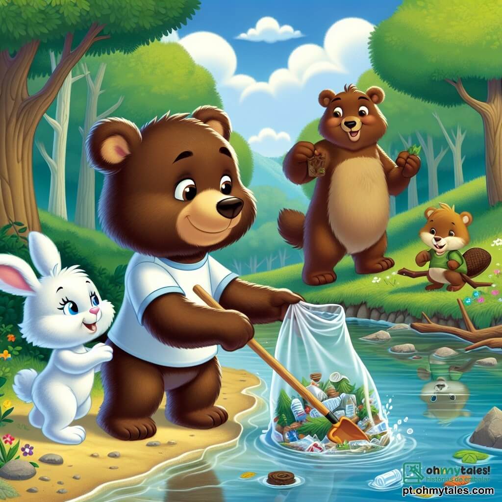 Um jovem urso pardo chamado Bruno, com um pelo macio e sedoso, expressa grande determinação em seu rosto. Ele está de pé à beira de um riacho, com as patas na água clara, recolhendo lixo para limpar seu habitat. Ao seu lado, Clara, uma coelhinha branca e vaidosa com grandes orelhas, observa entusiasmada, segurando uma pequena pá de madeira, pronta para ajudar. Um pouco mais adiante, Alfredo, um castor de pelo marrom e dentes proeminentes, constrói uma pequena biblioteca de galhos, exibindo um sorriso orgulhoso e concentrado. A cena ocorre em uma floresta verdejante, com árvores majestosas, flores coloridas no chão e um céu azul claro com nuvens brancas fofas. A situação principal mostra Bruno e seus amigos unidos em sua missão de limpeza, ilustrando o espírito de camaradagem e seu compromisso em proteger o meio ambiente.