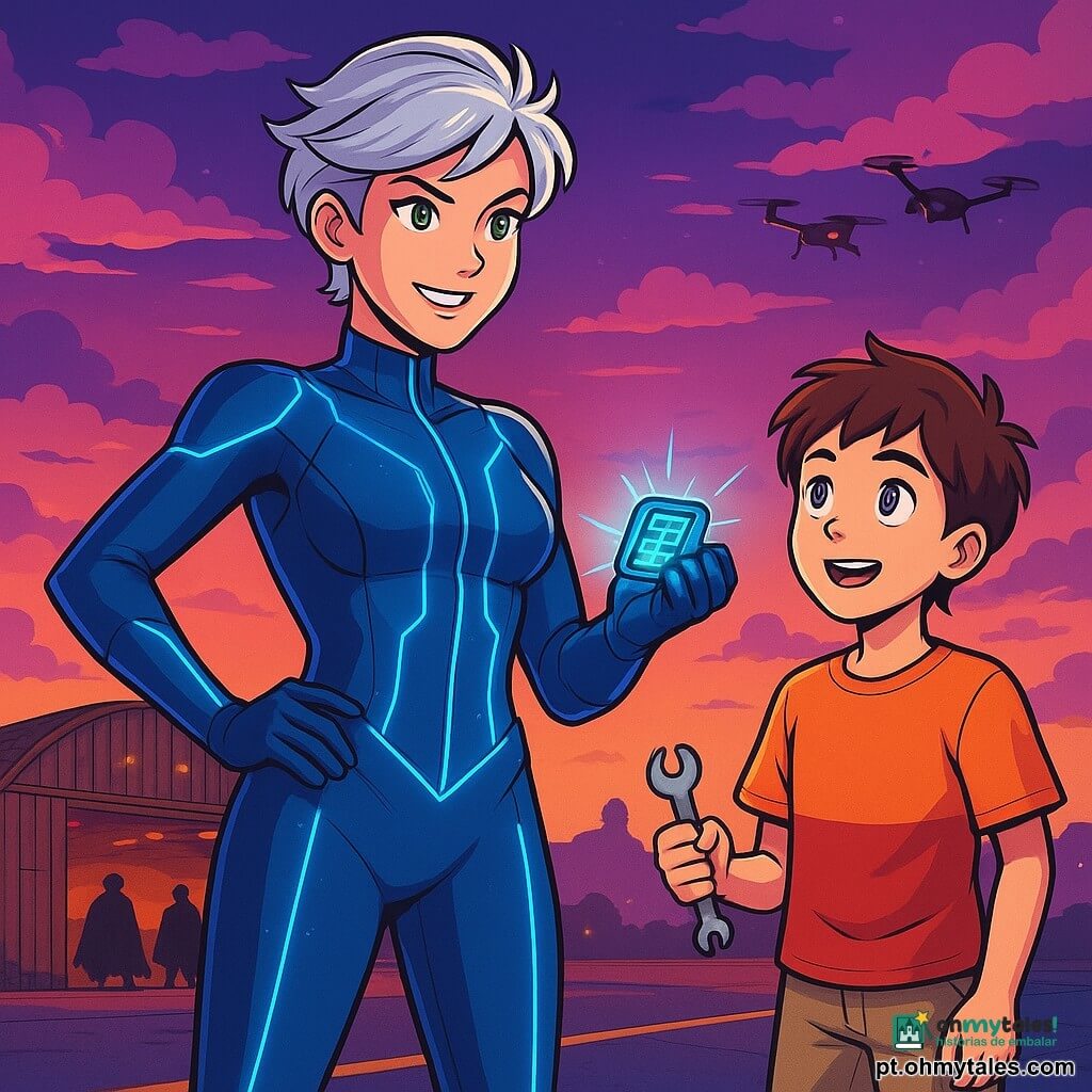 No centro da imagem, Clarice Volt, uma mulher heroica de cabelos curtos e prateados, se destaca orgulhosamente em uma pista de aeródromo. Seu rosto expressa uma determinação brilhante, com olhos verdes cheios de coragem. Ela usa um traje azul-índigo com costuras cintilantes, vibrando de energia. Em sua mão, segura um pequeno dispositivo tecnológico brilhante, pronta para desativar uma ameaça. Ao seu lado, um garoto de cerca de 12 anos, com cabelos castanhos bagunçados e olhos curiosos, a observa com admiração. Ele veste uma camiseta colorida e um short, segurando uma pequena ferramenta de reparo, pronto para ajudar. Ao fundo, vê-se um velho hangar de aeródromo, com luzes piscando e drones voando em um céu crepuscular, salpicado de nuvens rosas e roxas. Silhuetas em capas escuras adicionam um toque de mistério à cena. Clarice está em ação, pronta para neutralizar um dispositivo perigoso, enquanto o garoto a encoraja com um olhar esperançoso. A atmosfera é eletrizante, cheia de tensão e antecipação, mas também de camaradagem e coragem compartilhada.