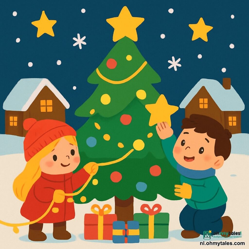 Er zijn 2 hoofdpersonages: - Anna: een 2-jarig meisje met lang blond haar en roze wangen. Ze draagt een felrode jas en een wollen muts. Ze staat naast de grote kerstboom en houdt een lichtslinger vast. - Tim: een 2-jarig jongetje met bruin haar en sprankelende ogen. Hij draagt een blauwe sjaal en gele handschoenen. Hij zit voor de boom en plaatst een gouden ster op de top. De situatie speelt zich af in een klein besneeuwd dorp met houten huizen versierd met fonkelende lichten. De sneeuw bedekt de grond als een zachte witte tapijt, en sneeuwvlokken vallen zachtjes uit de sterrenhemel. In het midden staat een majestueuze kerstboom, verlicht met duizenden lichten, omringd door kleine kleurrijke cadeaus. De hoofdactie van het verhaal toont Anna en Tim die de kerstboom versieren met glinsterende slingers en kleurrijke ballen, terwijl sterren aan de nachtelijke hemel schitteren. Ze zijn vervuld van vreugde en verwondering, wat een magische en feestelijke sfeer creëert.