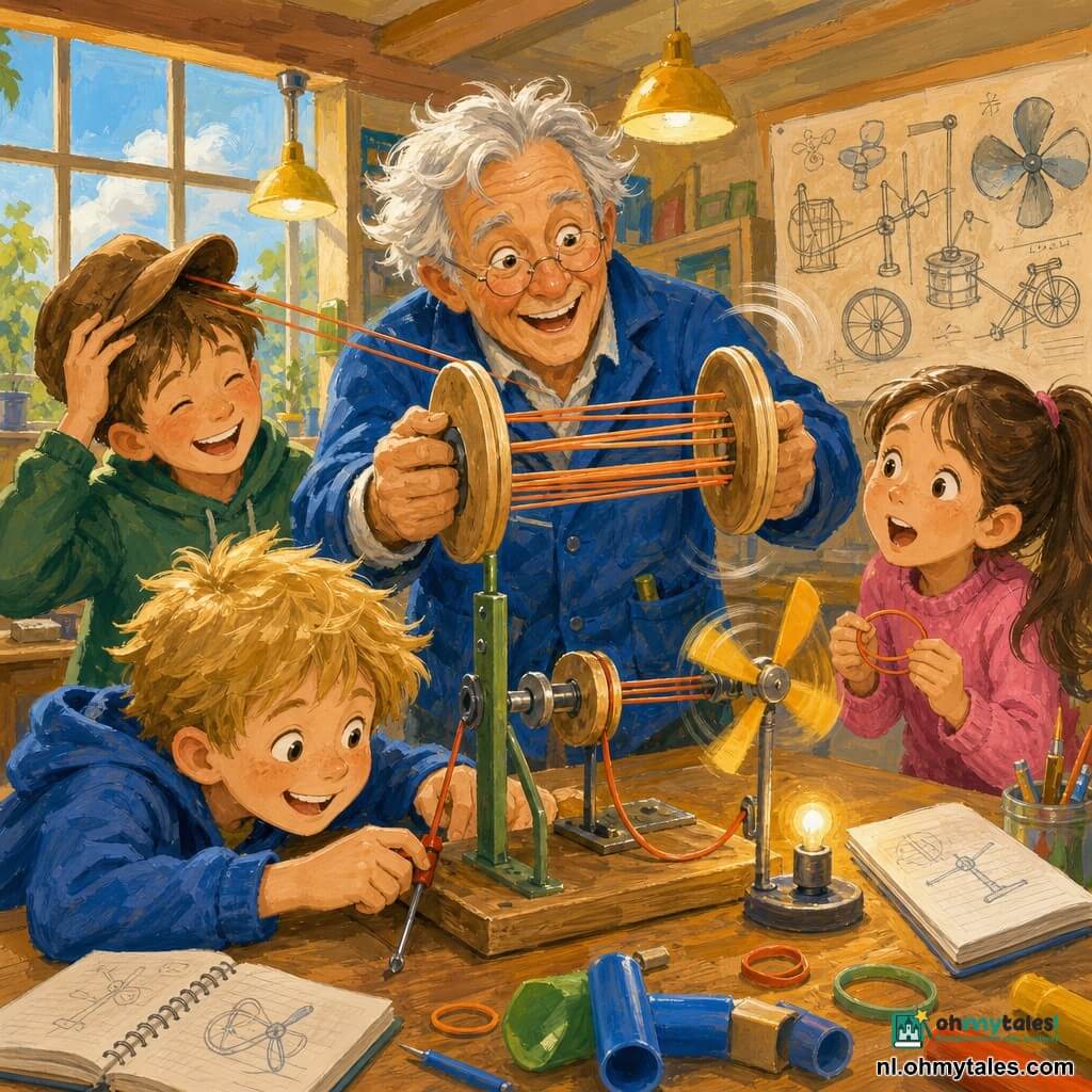 Meneer Bram, glimlachend en enthousiast met grijzend, warrig haar en een blauwe jas met grote zakken, spant een grote haspel met twee dikke elastieken; hij kijkt sprankelend en beweegt zijn handen. Sam, ongeveer 8 jaar, bruin kort haar, lacht en houdt zijn hoed vast nadat een elastiek zijn hoofd kietelde, links van Bram. Noor, ongeveer 7 jaar, lang haar in een paardenstaart, draagt een roze trui, houdt een klein elastiekje en kijkt verwonderd naar de haspel, rechts van Bram. Max, ongeveer 9 jaar, blond warrig haar, heeft een klein sleuteltje of schroevendraaier en leunt naar de tafel om te helpen. Ze staan bij een binnen speel-wetenschapscentrum: een houten tafel met notities en gekleurde plastic buizen, gele hanglampen, een groot muurpaneel met schetsen en een lichte houten vloer bij een grote zonnige raam. De groep test een grote elastiekmolen: de haspel draait, de elastieken staan gespannen, een wiekje draait en een mini-lampje gaat branden; iedereen kijkt enthousiast en samenwerkend.