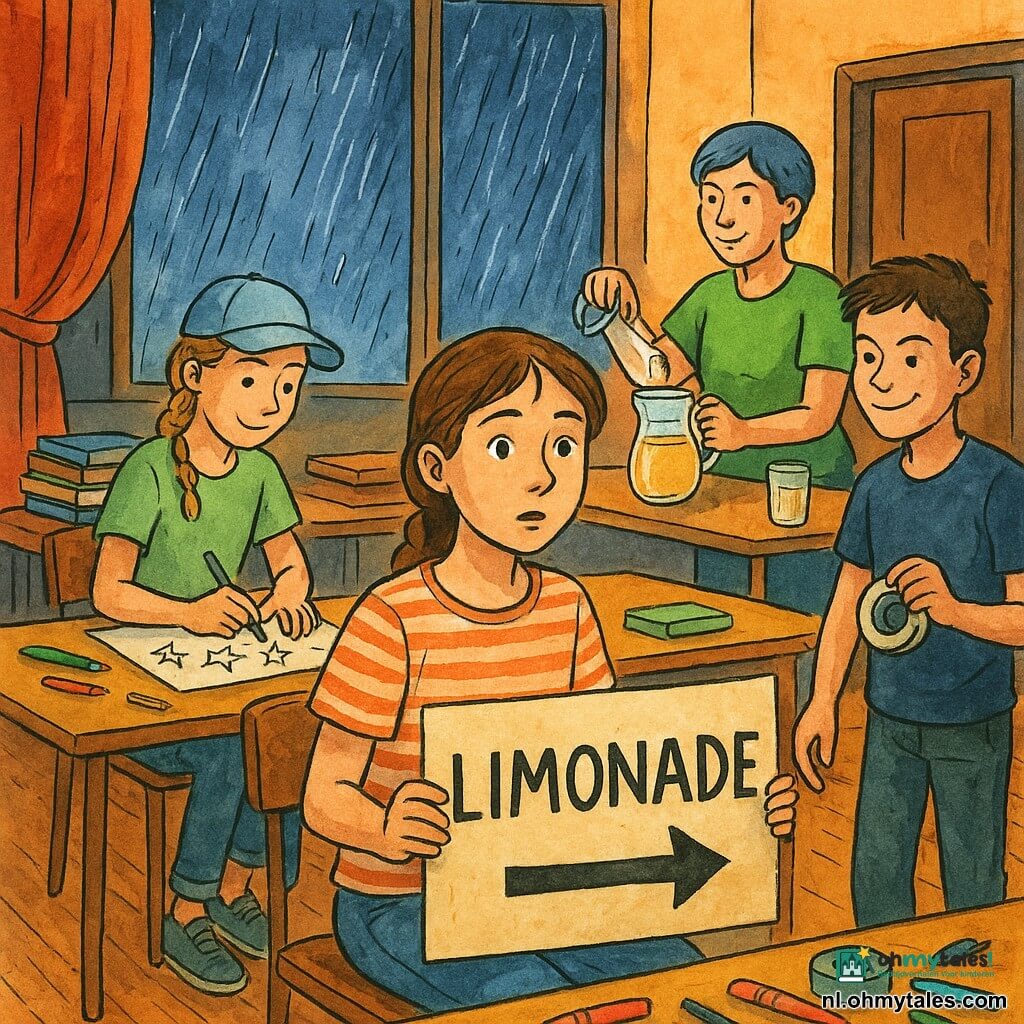 Een 12-jarig meisje, verrast maar rustig, halflang kastanjebruin haar in staart, gestreept T-shirt en spijkerbroek, zit op een stoel met een groot kartonnen bord "Limonade" met een pijl, naast een tafel vol stiften en linten; links Noor, 12, lichte pet, blond in vlecht, glimlachend tekent sterren; rechts Sam, 12, kort bruin haar, guitig gezicht, houdt plakband en staat klaar om een bord op te hangen; Tessa, vrouw van in de veertig met kort grijsblauw haar en felgroen T-shirt, schenkt limonade uit een karaf op een tafel achter de kinderen bij een deur; in de grote dorpszaal: glanzend houten vloer, lange tafels met gekleurd karton en stapels boekendozen, klein podium met rood gordijn, grote ramen waar regen in zilveren strepen valt; sfeer: kinderen maken borden en een limonadetafel binnen tijdens een onweersbui, warme oranje binnenverlichting contrasteert met blauwe en grijze regenachtige tonen buiten.