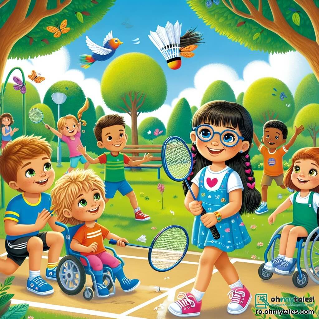În centrul imaginii, Ana, o fetiță de 8 ani cu părul brunet și ochelari, zâmbește ținând o rachetă de badminton. În dreapta ei, Luca, un băiat de 9 ani cu părul blond și ochi strălucitori, se pregătește să lovească mingea cu entuziasm. În stânga, Maria, o fetiță de 7 ani cu împletituri negre, aplaudă cu bucurie, în timp ce Andrei, un băiat de 10 ani în scaun cu rotile, îi încurajează cu un zâmbet larg. În fundal, Radu, un băiat de 8 ani cu părul castaniu, îi observă cu admirație, pregătit să se alăture jocului. Decorul are loc într-un parc verde, plin de copaci impunători și o iarbă bine întreținută. Cerul este de un albastru strălucitor, presărat cu câteva nori albi pufoși, iar soarele strălucește, creând o atmosferă veselă. Scena principală arată copiii în mijlocul unui meci de badminton, cu mingea zburând prin aer, în timp ce Ana și Luca se pregătesc să joace împreună, ilustând spiritul de camaraderie și plăcerea sportului.