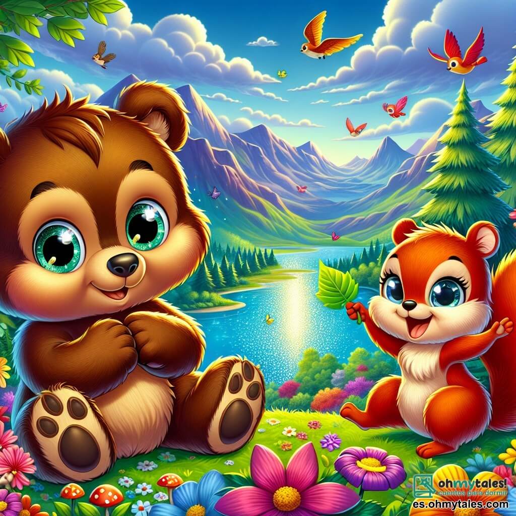 En el centro de la imagen, un pequeño oso marrón llamado Osito, con un pelaje suave y ojos brillantes de emoción, está sentado sobre un lecho de flores coloridas, mirando con asombro un lago brillante. Sonríe ampliamente, con sus pequeñas patas levantadas, como si estuviera listo para lanzarse a una nueva aventura. A su derecha, una pequeña ardilla llamada Chispa, con un pelaje rojizo y una cola esponjosa, salta de alegría, sus ojos chispeantes de felicidad. Sostiene una pequeña hoja en forma de bandera, como para animar a Osito en su exploración. En el fondo, el paisaje es un hermoso valle verde, rodeado de majestuosas montañas bajo un cielo azul brillante, salpicado de nubes blancas y esponjosas. Los árboles de colores vivos, las flores brillantes y los pájaros coloridos vuelan en el aire, añadiendo un toque de magia a la escena. La situación principal muestra a Osito y Chispa descubriendo juntos el misterioso Eco Mágico a la orilla del lago, donde las olas brillantes parecen susurrar historias antiguas, llenando el aire de una atmósfera de aventura y curiosidad.
