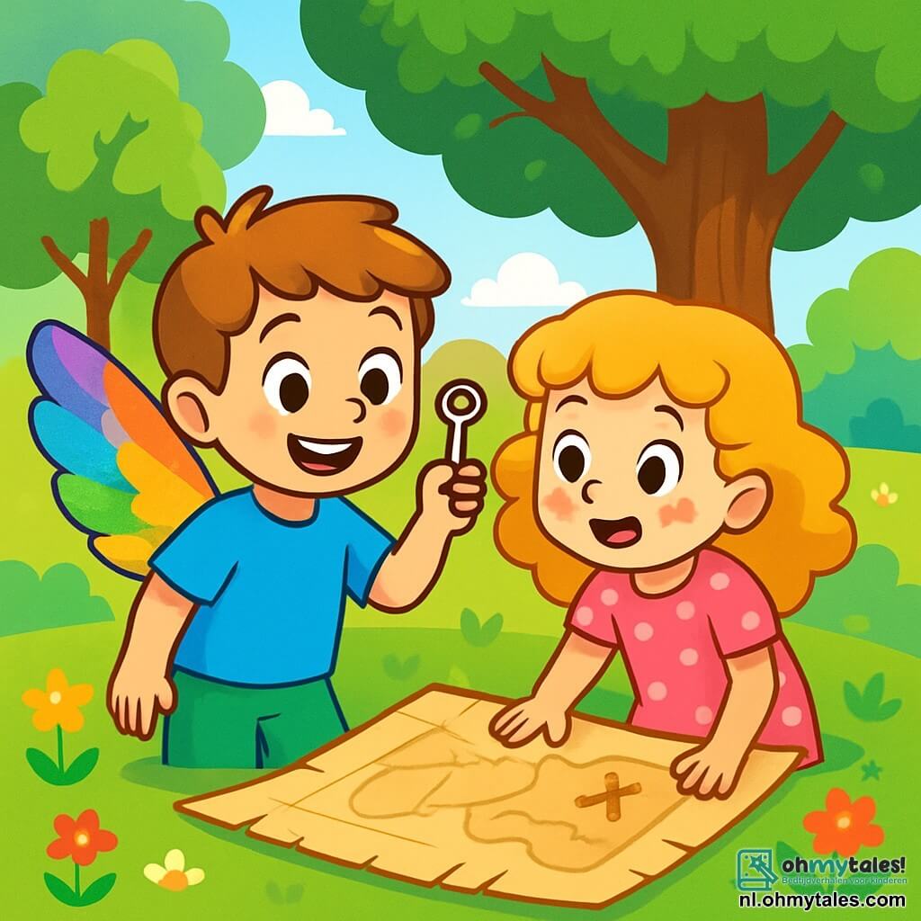In een zonnig park staat een jonge jongen met glinsterende vleugels als regenbogen, genaamd Finn, met een grote glimlach van opwinding op zijn gezicht. Hij draagt een felblauw t-shirt en groene shorts, terwijl hij een kleine, glanzende en mysterieuze zilveren sleutel in zijn hand houdt. Naast hem kijkt zijn beste vriendin Nora, een meisje met krullend goudkleurig haar in een roze stippenjurk, met sprankelende ogen van nieuwsgierigheid naar de sleutel, met blozende wangen van enthousiasme. Het park is gevuld met grote bomen met stralend groene bladeren, kleurrijke bloemen die in de wind dansen, en een majestueuze eik in het midden, waar een oude kaart op de grond ligt. De hoofdscene toont Finn en Nora, verdiept in hun avontuur, vastberaden de kaart bestuderend, klaar om het mysterie van de legende van Bloemendaal op te lossen.
