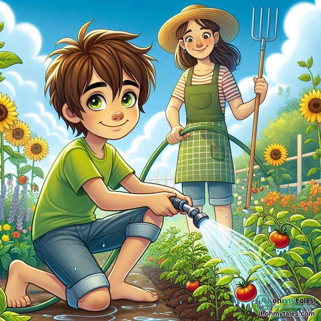 Un ragazzo di 12 anni, Marco, con i capelli castani in disordine e gli occhi pieni di curiosità, è accovacciato in un giardino colorato, sorridendo con orgoglio mentre annaffia delle giovani piante di pomodoro. Indossa una maglietta verde brillante e pantaloni corti di denim, e le sue mani sono leggermente sporche di terra, segno del suo duro lavoro. Sua madre, una donna di circa 35 anni con i capelli castani raccolti in un chignon, si trova accanto a lui, tenendo una pala e sorridendo con benevolenza, incoraggiando suo figlio nei suoi sforzi. Indossa un grembiule da giardinaggio e un cappello di paglia per proteggersi dal sole. Il giardino è pieno di fiori vivaci, come margherite gialle e girasoli giganti, con file di ortaggi ben allineati. Il cielo è blu e soleggiato, punteggiato da alcune nuvole bianche e soffici, creando un'atmosfera gioiosa e primaverile. La scena principale mostra Marco e sua madre che lavorano insieme nel giardino, condividendo un momento di complicità e felicità mentre si prendono cura delle loro piante, simboleggiando lo spirito della stagione primaverile.