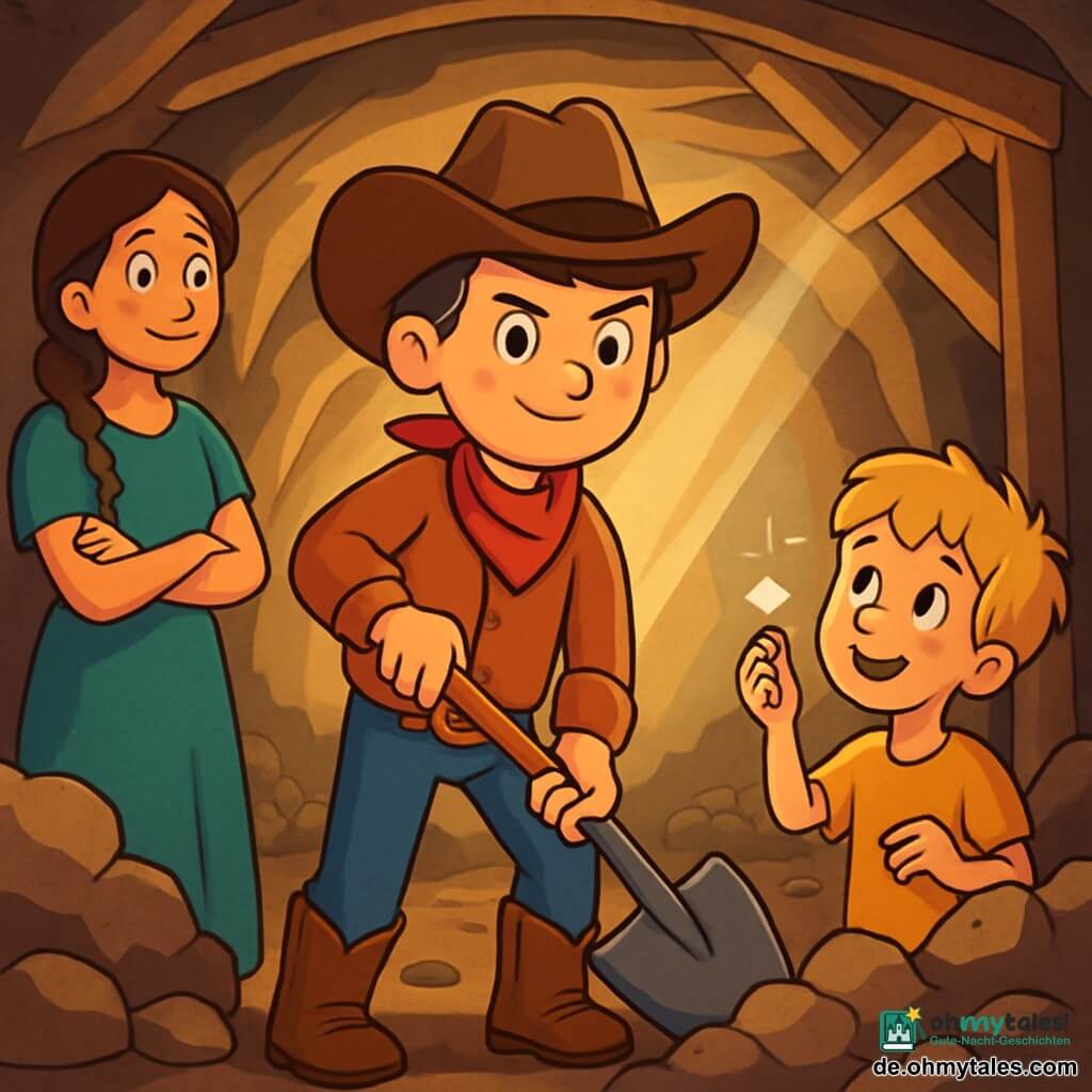 Ein junger Mann, Jakob, steht im Mittelpunkt der Szene, trägt einen breiten Cowboyhut und abgetragene Lederstiefel. Sein Gesicht zeigt Entschlossenheit, seine Augen leuchten mutig, und er hält eine Schaufel in den Händen, bereit, seinen Freunden zu helfen. Rechts von ihm steht ein etwa zehnjähriger Junge mit zerzausten blonden Haaren und einem schüchternen Lächeln, der Jakob bewundernd ansieht und einen kleinen glänzenden Stein in der Hand hält. Links steht eine Frau in den Dreißigern mit langen geflochtenen braunen Haaren, die ein einfaches Kleid trägt und die Szene hoffnungsvoll mit verschränkten Armen betrachtet. Der Ort ist eine Bergmine mit dunklen Erdwänden und Holzträgern, die die Decke stützen. Lichtstrahlen filtern durch Ritzen und beleuchten den Staub in der Luft. Im Hintergrund sind Steinhaufen und verstreute Werkzeuge zu sehen. Die Hauptsituation zeigt Jakob, der gräbt, um einen blockierten Durchgang freizulegen, während die anderen hoffnungsvoll zuschauen, bereit zu helfen. Die Atmosphäre ist sowohl angespannt als auch hoffnungsvoll, mit sanftem Licht, das Jakobs Mut und die Einheit der Arbeiter beleuchtet.