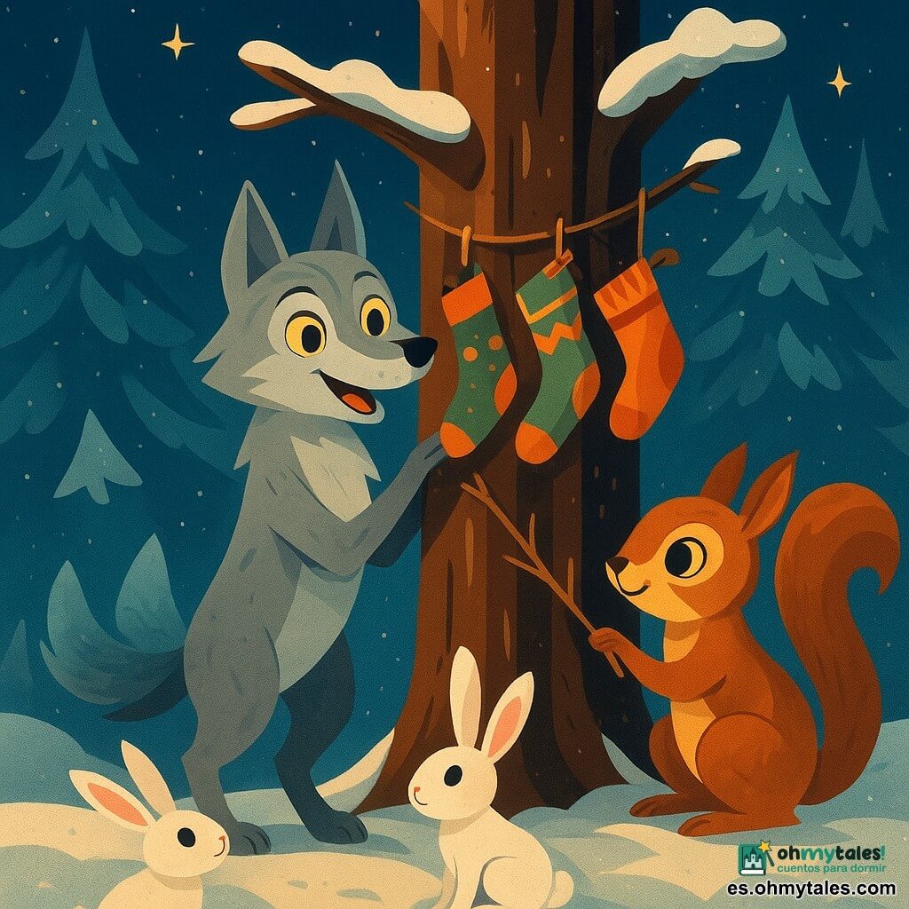 Un pequeño lobo llamado Luki, con ojos brillantes como luciérnagas y pelaje gris plateado, está alegremente frente a un viejo tronco de árbol nevado, colgando calcetines coloridos. A su lado, una ardilla traviesa llamada Pina, con una cola tupida y ojos chispeantes, ata ramitas para asegurar los calcetines. Dos conejos curiosos, con orejas erguidas y pelajes blancos como la nieve, observan la escena con asombro, parados a unos pasos detrás de Luki. El escenario es un claro nevado, rodeado de altos abetos cubiertos de nieve brillante, con un cielo estrellado de fondo. La escena principal muestra a Luki y sus amigos creando una atmósfera navideña mágica y acogedora en el corazón del bosque, con calcetines colgados y animales reunidos en un ambiente festivo y luminoso.