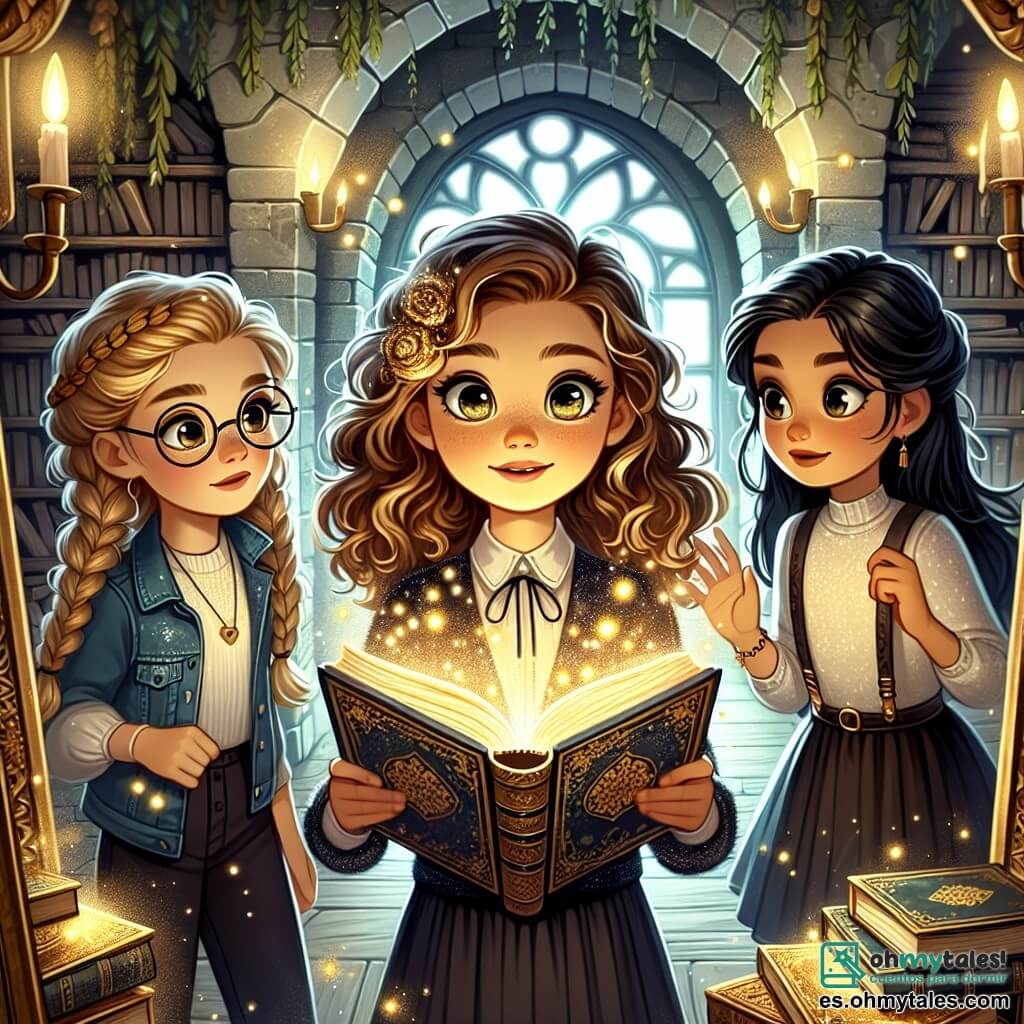 En el centro de la imagen, Clara, una niña de 11 años con cabello rizado castaño y ojos llenos de curiosidad, sostiene un viejo libro abierto que brilla con una luz dorada. A su derecha, Sofía, una niña de cabello rubio trenzado y gafas redondas, mira con asombro las páginas iluminadas. A la izquierda, Lucía, una niña de cabello negro liso y una sonrisa decidida, se mantiene lista, con los brazos cruzados, mostrando una actitud valiente. El escenario es un antiguo edificio misterioso, cubierto de hiedra y con paredes de piedra gris, con ventanas de arco que parecen observar a los personajes. Dentro, espejos antiguos reflejan la luz del libro, creando sombras danzantes en el suelo de madera desgastada. Destellos de luz dorada flotan en el aire, añadiendo una atmósfera mágica. La situación principal muestra a las tres amigas descubriendo el poder del libro mágico, mientras una luz brillante emana de las páginas, iluminando sus rostros asombrados y decididos, listas para abrazar su destino como protectoras de la ciudad.