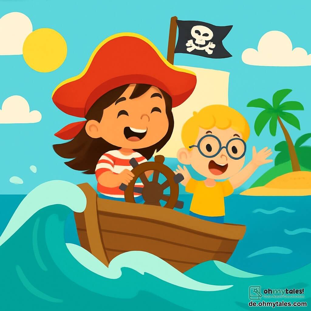 Ein kleines Piratenmädchen, Lina, steht auf ihrem Holzboot, lächelnd und voller Freude. Sie trägt einen großen roten Hut mit einem Tuch, und ihr braunes Haar weht im Wind. Ihre Augen funkeln vor Aufregung, während sie das Steuer festhält. Neben ihr schaut ihr Freund Max, ein 6-jähriger Junge mit blonden Haaren und einer Brille, erstaunt auf eine große Welle, die sich nähert. Er steht auf dem Deck, die Arme erhoben, bereit für das Abenteuer. Das Boot fährt über ein strahlend blaues Meer unter einem sonnigen Himmel mit einigen weißen Wolken. In der Ferne zeichnet sich eine grüne Insel mit Palmen und goldenen Sandstränden ab. Die Szene strahlt eine fröhliche und abenteuerliche Atmosphäre aus. Lina und Max stehen kurz davor, eine große Welle zu überwinden, ihre Gesichter leuchten vor Aufregung und Vorfreude auf das bevorstehende Abenteuer.