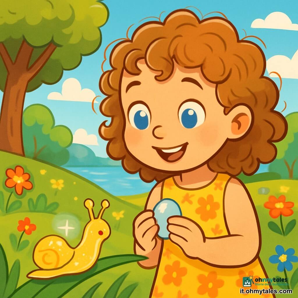 Una bambina di 6 anni, Livia, con occhi chiari e capelli ricci, sorride con meraviglia. Indossa un vestito giallo a fiori e tiene in mano una piccola pietra lucente. Accanto a lei, una lumachina lucida si muove lentamente su un filo d'erba, come se le mostrasse la strada. Il contesto è un parco soleggiato, pieno di fiori colorati e alberi maestosi, con un lago scintillante sullo sfondo. Nuvole soffici fluttuano in un cielo azzurro. Livia osserva la lumaca con curiosità, pronta a scoprire i segreti della natura che la circonda, in un momento di dolcezza e connessione con il mondo.
