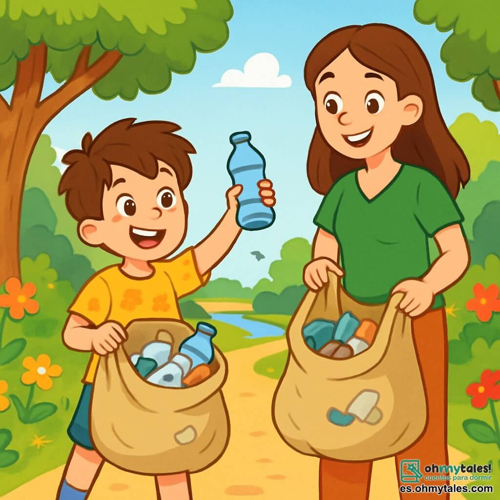 Un niño de 6 años, Lucas, con cabello castaño desordenado y ojos brillantes de curiosidad, sonríe alegremente mientras sostiene una gran bolsa de tela llena de basura que acaba de recoger. Lleva una camiseta amarilla brillante con estampados de flores y un pantalón corto de mezclilla. A su lado, su mamá, una mujer de unos 30 años con cabello largo y castaño, vestida con una blusa verde y pantalones cómodos, lo anima con una sonrisa orgullosa, sosteniendo otra bolsa llena de basura. El lugar es una hermosa reserva natural, con árboles majestuosos de hojas verdes brillantes, flores coloridas que bailan al viento, y un camino de tierra bordeado de arbustos floridos. En la distancia, un pequeño arroyo brilla bajo el sol, y los pájaros cantan en las ramas. La situación principal muestra a Lucas y su mamá limpiando el parque, recogiendo basura para proteger la naturaleza. Lucas, con una mirada decidida y alegre, le muestra a su mamá una botella de plástico que acaba de encontrar, mientras están en un sendero limpio y soleado, rodeados de la belleza de la naturaleza.