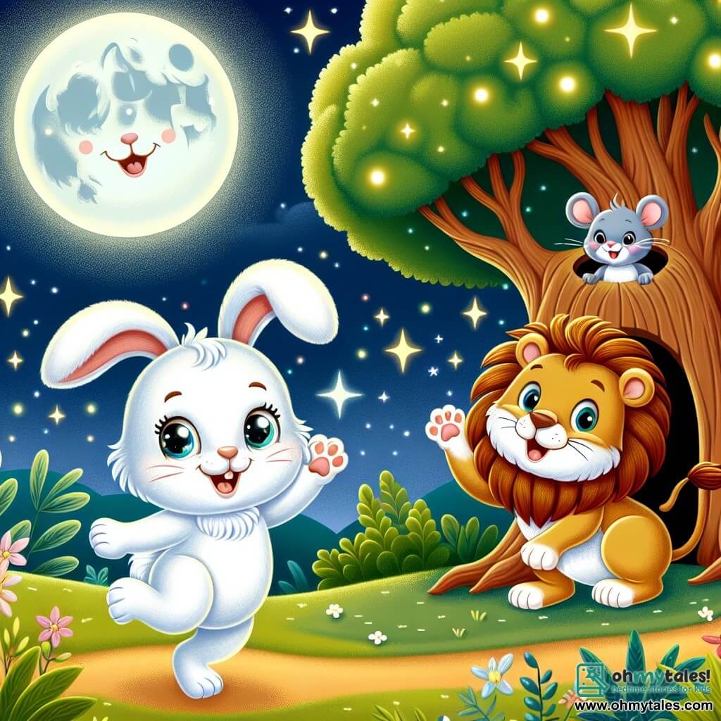 A small rabbit with big ears and white fur, sparkling with curiosity, joyfully dances under the full moonlight. It has a bright smile and its paws are in the air, showing its enthusiasm. Next to it, a golden-furred lion with a fiery mane laughs while hiding behind a large tree, ready to play hide and seek. A little gray mouse with big bright eyes emerges from a hole in the tree trunk, smiling and eager to join the fun. The background features a majestic tree with shimmering green leaves under the moon and a starry sky filled with bright stars. The scene exudes a joyful and magical atmosphere, where the animals play together at night.