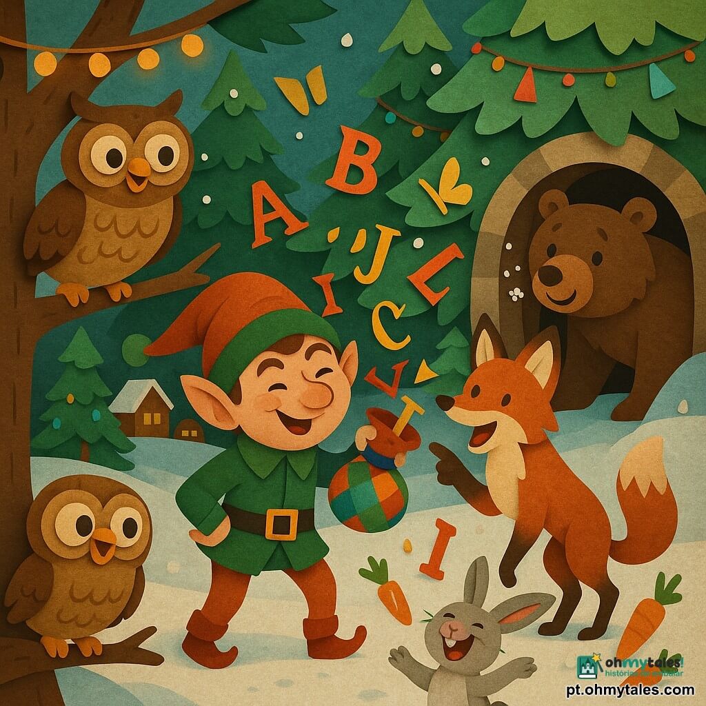 Um duende travesso de chapéu pontudo vermelho e verde, rosto redondo e malicioso, olhos brilhantes, nariz arredondado e sorriso de canto agita um saquinho de cartas coloridas que voam como borboletas; ao lado, Nico, o lobo-guará ruivo e branco, em pé nas patas traseiras aponta para uma carta que cai; à esquerda, Eva a coruja de penas castanhas e olhos grandes empoleirada numa ramificação baixa inclina a cabeça; à direita no chão, Tito o coelho cinza de orelhas grandes ri às gargalhadas com cenouras dançantes; ao fundo, Bruno o urso pardo sai de uma caverna surpreso e divertido com flocos de neve ao redor do focinho; clareira nevada com solo brilhante, pinheiros decorados, luzes e casinhas de madeira; cena festiva de cartas de Natal voando, risos, cores vivas, textura de papel recortado e sombras suaves.