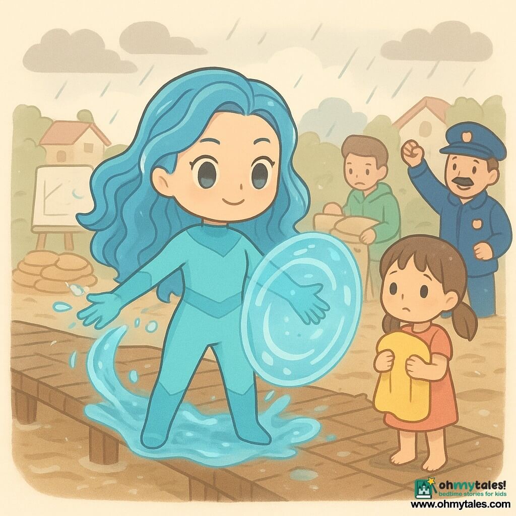 A heroic woman, Ripple Ray, smiling but focused, with pearly blue wavy hair like water and shining silver eyes, wearing a recycled turquoise suit that shifts hue, stands on an old wooden bridge with arms outstretched as translucent blue water whirlpools erupt from her hands to form a shield; a soaked but brave little girl, Mia (about 6), with wet pigtails clutches a large yellow towel at the right edge of the bridge watching Ripple Ray; a teenage friend, Jamal (about 16), in a green raincoat draws plans on a large white board and stacks sandbags near the railing at the bridge's left rear; Police Chief Marlow (about 45), mustached in a navy raincoat, encourages the crowd and helps pass planks behind Jamal on the right; the setting: an old wooden bridge over a muddy river with muddy banks, red‑roofed houses in the distance, gray clouds breaking with sunbeams, puddles and splashes; the situation: a communal battle against rising water—sandbags piled, planks laid, rain easing, Ripple Ray controls the flood with luminous waves while neighbors work together in a warm, heroic atmosphere.