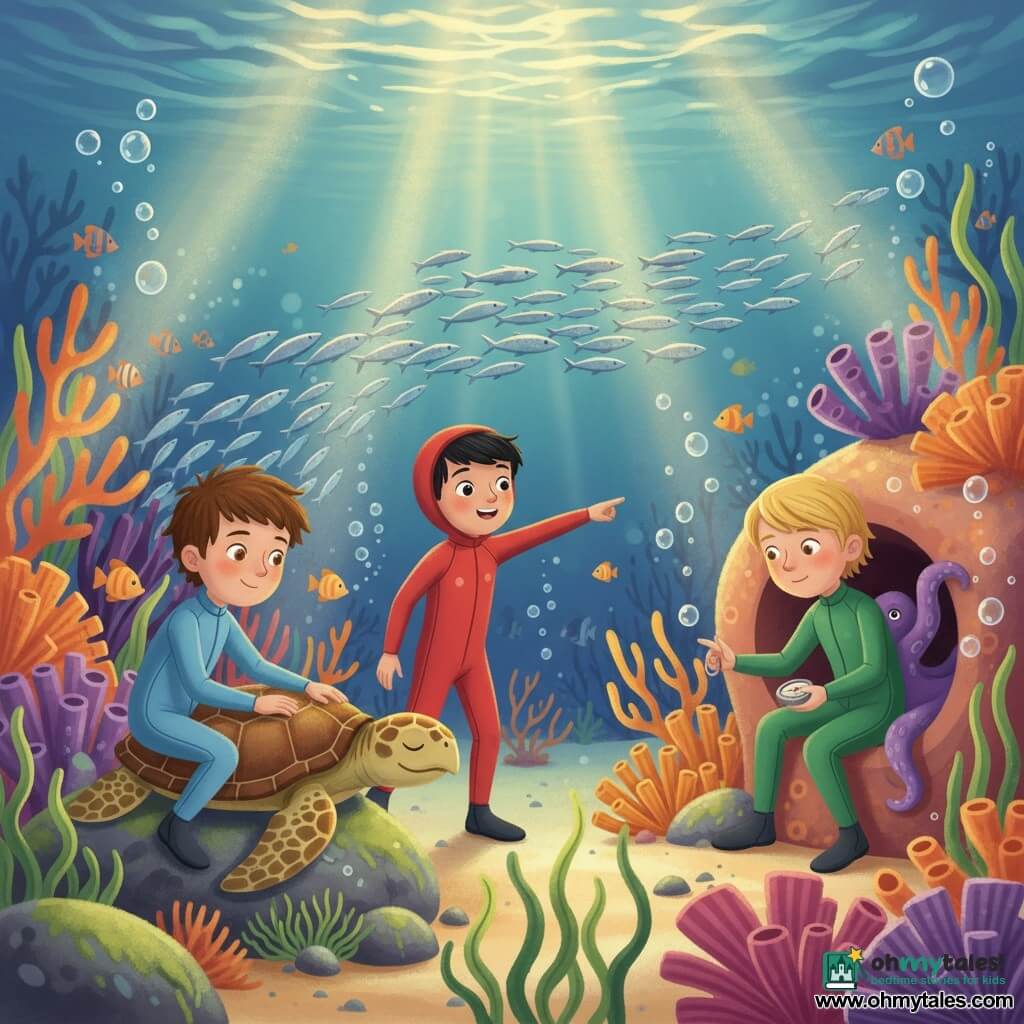 Three boys in wetsuits explore a colorful coral reef: a cautious nine-year-old with tousled brown hair and hazel eyes in a light blue suit sits on an underwater rock gently touching a sleeping brown-and-cream patterned sea turtle; a lively ten-year-old with short black hair and a red cap under his hood in a red suit points to a passing school of silver fish; and a serious eleven-year-old blond in a green suit crouches at a reef crevice receiving a small silver compass from an octopus tentacle, while pale sand, orange and purple fan corals, swaying green algae, swirling multicolored fish, rising translucent bubbles and golden shafts of sunlight complete the calm, wonder-filled scene.
