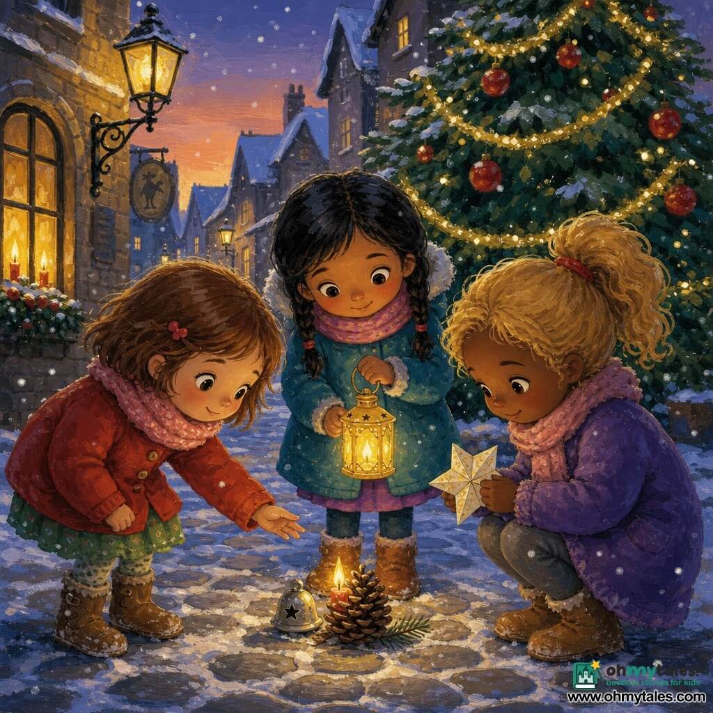 Three five-year-old girls — Mia, short chestnut hair and a red scarf tied like a ribbon on the left reaching toward a tiny flame; Lina, black hair in braids at the center holding a flickering yellow lantern like a firefly; Nora, blonde in a ponytail on the right crouching by a pine cone and holding a folded paper star — stand on a snowy street at dusk with shiny cobbles, warm windows with yellow candles, old street lamps and a large Christmas tree decorated with gold garlands and small red baubles as snow falls; beneath the tree a tiny trembling candle hides behind a pine cone with a small silver bell ringing nearby, and the three girls draw close to warm the flame in a gentle, luminous, protective atmosphere.