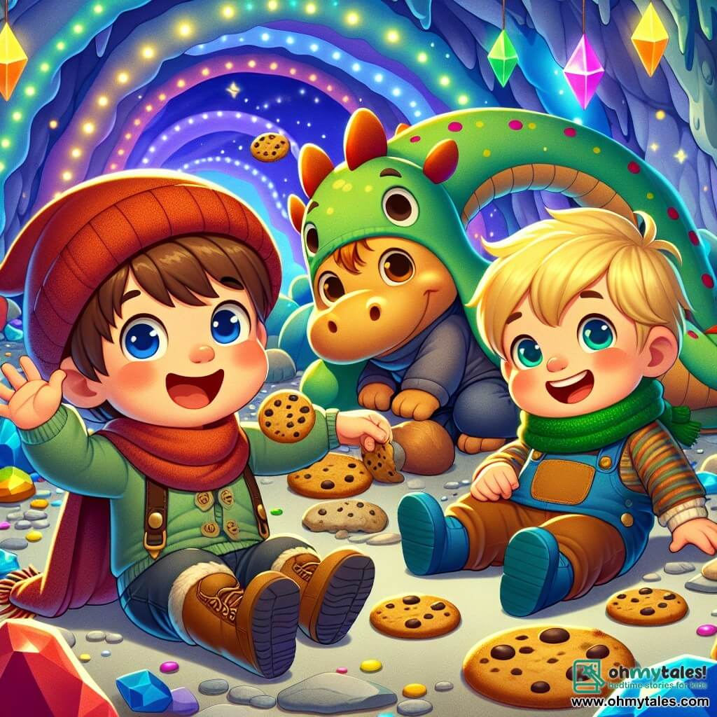 Three little boys, aged three, are happily standing in a colorful cave. Timmy, with brown hair, wears a red hat and smiles while waving. Next to him, Sammy, in blue boots and with blonde hair, laughs while holding a cookie. Finally, Bobby, a little boy with brown hair and a green scarf, is sitting on the ground, laughing heartily. The cave is filled with twinkling lights, smooth stone walls, and colorful crystals shining like stars. In the background, a large, multicolored dragon, Mr. Dragon, lazily stretches, his soft, round eyes looking at the boys with a friendly smile. The boys and the dragon are playing together, laughing and rolling on the ground, with cookies scattered around them. The atmosphere is joyful and magical, filled with laughter and bright colors, illustrating a moment of shared happiness in the fantastical world of Snoozeland.