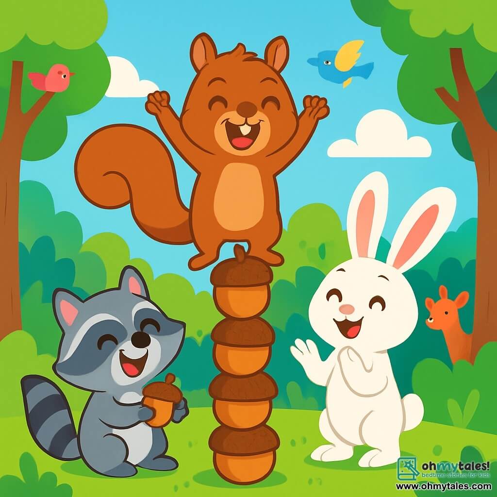 A little squirrel named Sammy, with soft brown fur and sparkling eyes, stands atop a tall acorn tower, arms raised in victory and a big smile on his face. Next to him, a pretty rabbit named Bella, with long ears and bright eyes, enthusiastically claps, her shining white fur glistening in the sun. A mischievous raccoon named Max, with gray fur and black stripes on his tail, joyfully laughs at the base of the tower, holding a small acorn in his paws. The scene takes place in a sunny forest, with majestic trees and vibrant green leaves under a clear blue sky dotted with fluffy white clouds. Other forest animals, like colorful birds and curious deer, watch the acorn tower in admiration. Sammy, Bella, and Max celebrate their achievement together, showing that no matter their size, they can accomplish great things by working together.
