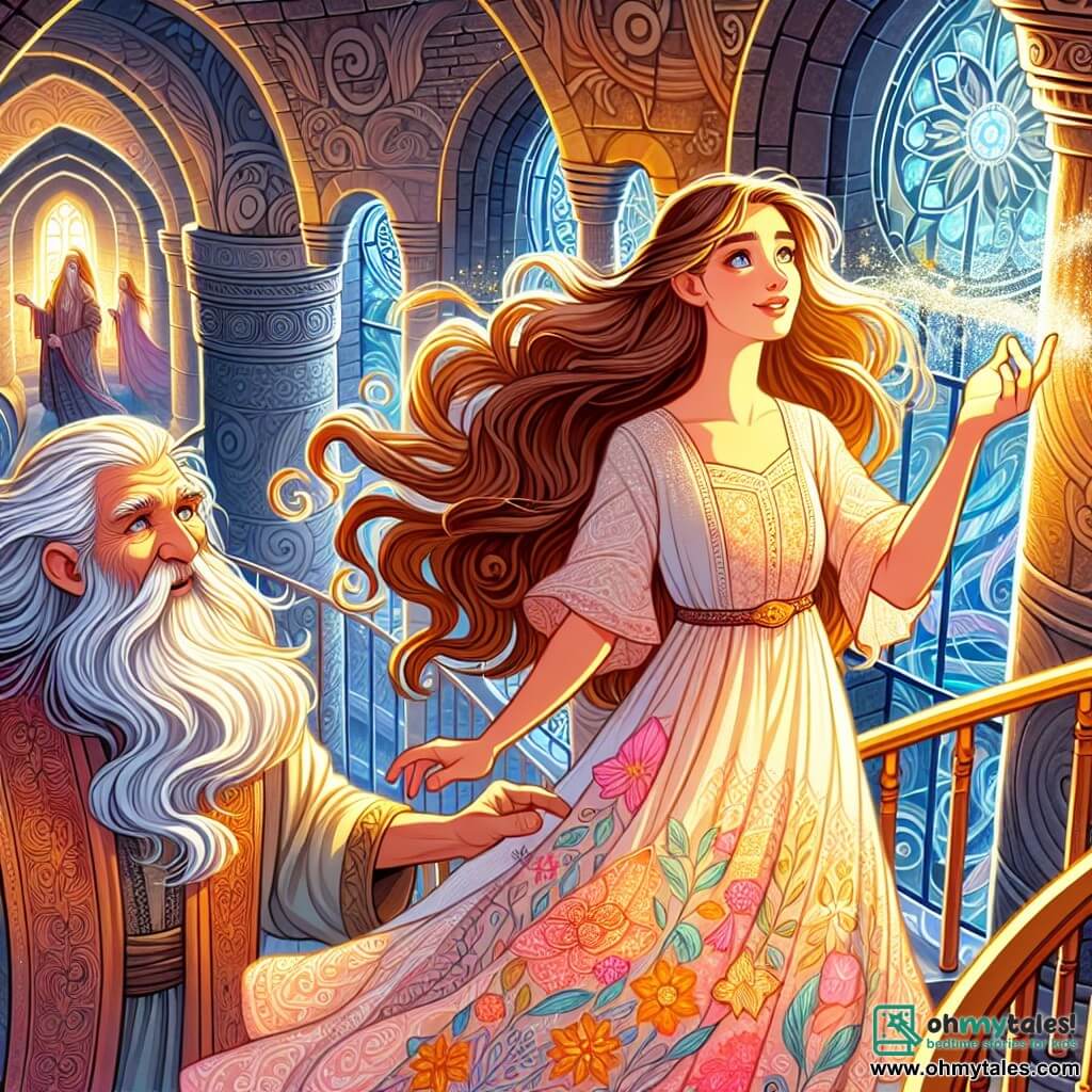 Elira, a woman in her thirties, stands atop a majestic tower, her long wavy hair flowing in the wind. Her face radiates determination, her eyes shining with hope. She wears a light dress adorned with floral patterns that dances around her like a gentle breeze. Beside her is the God of Dusk, a man around 60 with silver hair and a thick beard, exuding wisdom. He looks at Elira with a benevolent smile, extending his hand toward her, offering a small vial filled with sparkling stardust. The setting is a room in the tower, with stone walls adorned with ancient engravings, illuminated by golden light filtering through arched windows. Spiral stairs wind around, leading to mysterious heights. The main scene shows Elira releasing imprisoned souls, sprinkling stardust around her as bursts of light rise into the air, revealing ethereal silhouettes awakening and soaring into the starry sky.