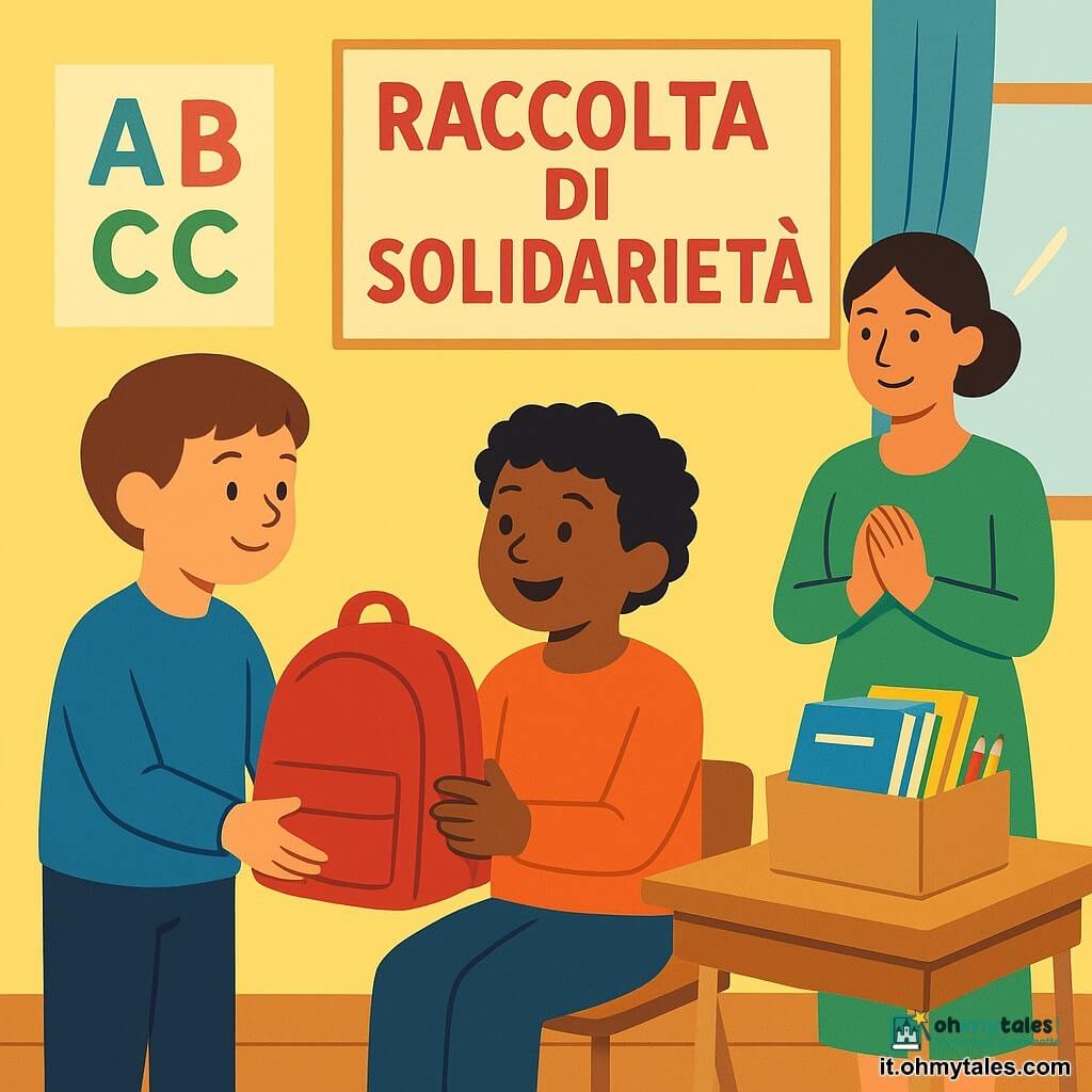 Un ragazzo di 10 anni dal viso rotondo e capelli castani corti, espressione dolce e orgogliosa, porge una piccola cartellina rossa a un compagno; l'altro ragazzo, Amir, circa 10 anni, pelle olivastra e capelli neri ricci, seduto vicino alla finestra, la riceve stringendola al petto; la maestra Serena, 30-35 anni, capelli raccolti e abito verde, sta dietro con sguardo benevolo; Giulia, circa 9-10 anni, capelli biondi in treccia, tiene un astuccio colorato e sorride; aula luminosa con pareti giallo pallido, poster dell'alfabeto e un grande cartellone "Raccolta di Solidarietà", scatola di raccolta con quaderni e matite su un tavolo, pavimento in legno e luce soffusa dalla finestra; scena centrata e semplice che mostra un momento caloroso di condivisione di materiale scolastico in un'atmosfera solidale e ottimista.