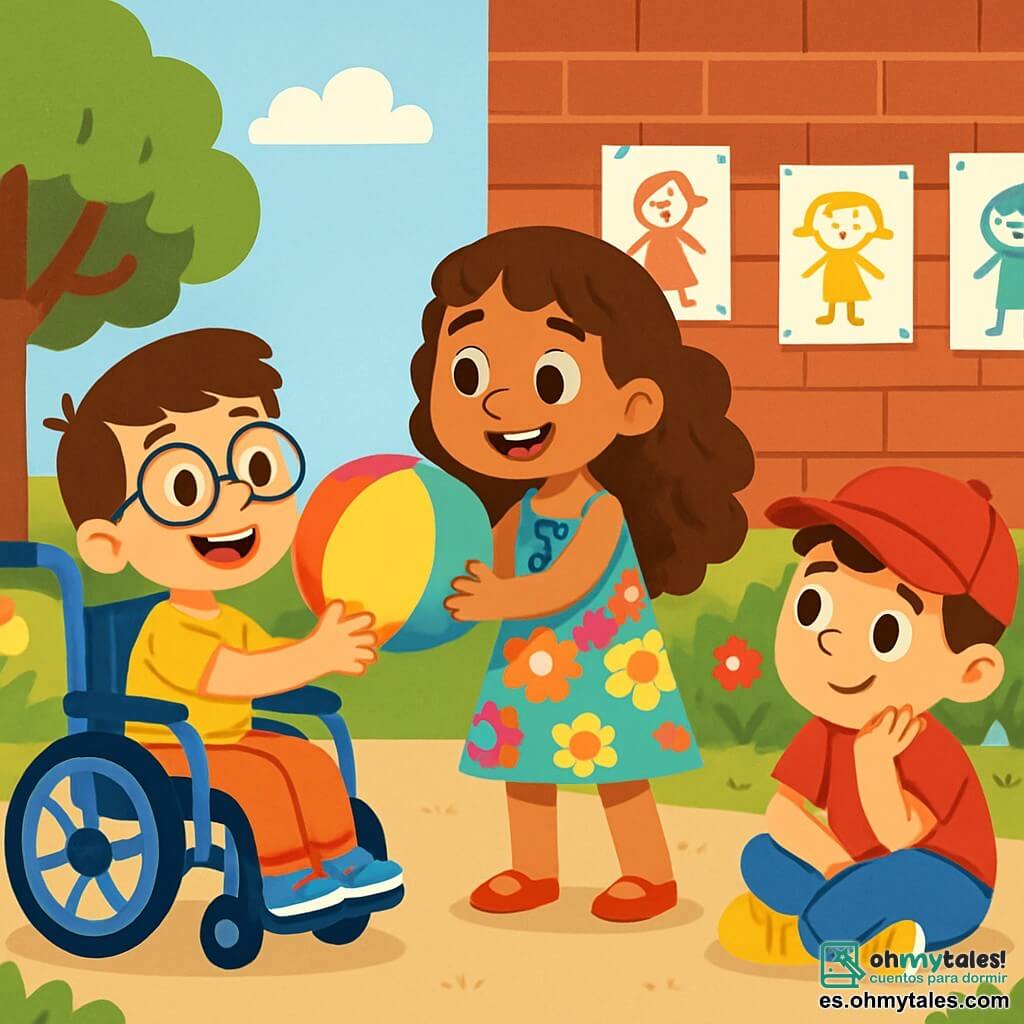 Hay 3 personajes: - Lucas: un niño de 8 años, con cabello castaño y gafas redondas. Está sentado en una bonita silla de ruedas azul, sonriendo alegremente. - Sofía: una niña de 7 años, con cabello rizado y un vestido colorido con flores. Está de pie, sosteniendo una gran pelota multicolor, con una gran sonrisa en su rostro. - Martín: un niño de 7 años, con cabello corto y una gorra roja. Está sentado en el suelo, mirando la pelota con una expresión pensativa, pero feliz de estar con sus amigos. El lugar es un patio escolar soleado, lleno de vegetación. Los árboles con hojas verdes bailan suavemente al viento, y flores coloridas bordean el camino. Al fondo, se ve una gran pared de ladrillos donde están colgados dibujos de niños, añadiendo un toque alegre al entorno. La situación principal muestra a los tres amigos jugando juntos. Sofía lanza la pelota a Lucas, quien la recibe con una gran sonrisa. Martín, sentado en el suelo, los observa con una mirada de aliento, listo para participar en el juego. La atmósfera está llena de alegría y amistad, con risas resonando en el aire.