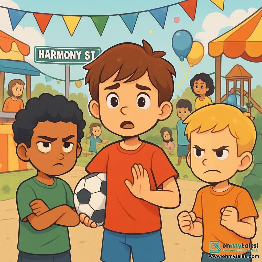 A 10-year-old boy, Jamie, with brown hair and sparkling eyes of curiosity, stands at the center of the scene, looking worried but determined. He wears a bright red t-shirt and blue shorts, holding a soccer ball under his arm. To his right, Samir, a 9-year-old boy with olive skin and curly black hair, looks at Jamie with a frustrated expression, arms crossed. To his left, Lucas, a 10-year-old boy with fair skin and blond hair, appears angry, fists clenched. The scene takes place on Harmony Street, decorated with colorful flags and food stalls, with joyful families in the background. Balloons float in the air, and children play around a large playground. The main situation shows Jamie trying to calm the dispute between Samir and Lucas, with worried faces and expressive gestures, while the other children watch them, curious and attentive.