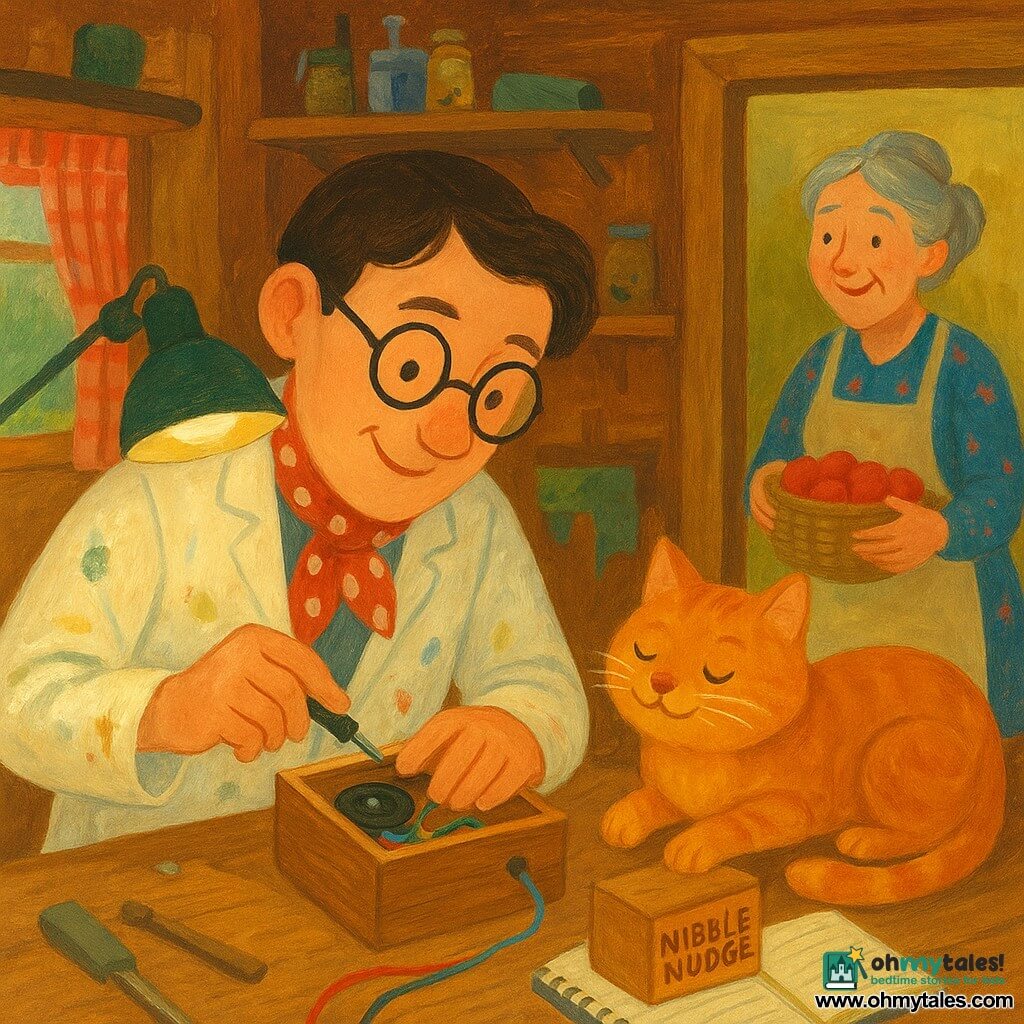 An inventor (Basil) with a gentle face and slightly oversized round glasses, smiling and focused, holds a small screwdriver as he opens a tiny wooden box containing a speaker and colored wires while wearing a paint‑stained smock and polka‑dot scarf, leaning over a wooden workbench lit by an articulated lamp; nearby, Mrs. Dimple, a 60‑year‑old neighbor with gray hair in a bun, a floral dress and apron, stands in the doorway with a basket of apples, amused and slightly behind the bench to the right; a fluffy ginger cat (Marmalade) with half‑closed eyes lies on the inventor’s notebook, tail curled and paw on a small wooden box labeled Nibble‑Nudge, gently blocking a button; the small cozy workshop has wooden walls, shelves of jars, screws, fabric scraps and homemade lamps, a checked curtain showing a blurred garden outside, and the scene is playful and light with soft colors, visible gouache textures and gentle shadows.