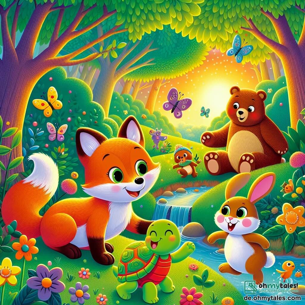 Ein kleiner orangefarbener Fuchs namens Felix mit glänzendem Fell und neugierigen, funkelnden Augen steht fröhlich im Mittelpunkt des Bildes, mit einem breiten Lächeln auf seinem Gesicht. Er streckt eine Pfote zu einem kleinen braunen Bären namens Bruno aus, der ein wenig schüchtern, aber neugierig aussieht, mit weichem Fell und runden, interessierten Augen. Neben ihnen beobachtet eine grüne Schildkröte namens Tilda mit einem farbenfrohen Panzer und weisem Blick die Szene mit einem ermutigenden Lächeln, während ein kleiner weißer Hase namens Hopsi mit großen Ohren und rosigen Wangen fröhlich um sie herumhüpft, voller Energie. Die Szenerie spielt in einem verzauberten Wald, der in goldenes Licht getaucht ist, mit majestätischen Bäumen und lebhaften grünen Blättern, bunten Blumen, die im Wind tanzen, und einem sanften Bächlein in der Nähe. Felix und seine Freunde spielen zusammen, mischen Wettlauf und Verstecken mit Honigtöpfen und feiern ihre Unterschiede, was das Thema Toleranz und Freundschaft veranschaulicht.