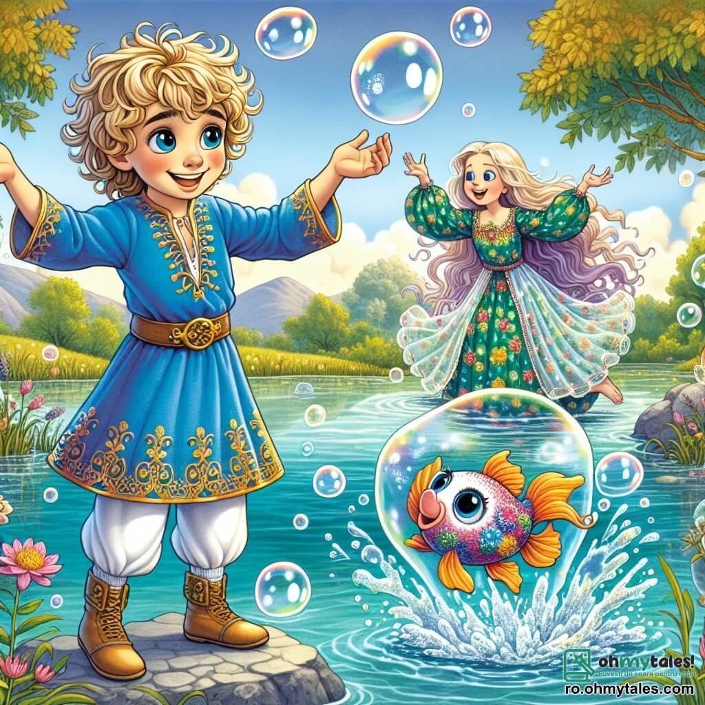Pe malul unui lac cristalin, un tânăr prinț numit Radu, în vârstă de aproximativ 8 ani, stă pe o piatră, cu un zâmbet larg pe față. Are părul blond și ondulat, o tunică albastră împodobită cu motive aurii și pantaloni albi. Radu sare de bucurie, cu brațele ridicate spre cer, înconjurat de bule de apă strălucitoare. Lângă el, un peștișor, un mic pește cu solzi multicolori, sare din apă, cu ochii strălucind de năzdrăvănie. Nu departe, Zâna Turtită, o vrăjitoare blândă cu părul lung și ondulat de culoare violetă, dansează veselă, purtând o rochie verde cu motive florale și aripi translucide care strălucesc la soare. Ea face gesturi magice pentru a crea bule uriașe care plutesc în aer. Decorul este fermecător: copaci cu frunze aurii înconjoară lacul, iar flori colorate cresc pe mal. Cerul este de un albastru strălucitor, presărat cu nori albi pufoși. Situația principală îi arată pe Radu, pe peștișor și pe Zâna Turtită sărbătorind, râzând și jucându-se cu bulele de apă care explodează în jurul lor, creând o atmosferă veselă și magică.