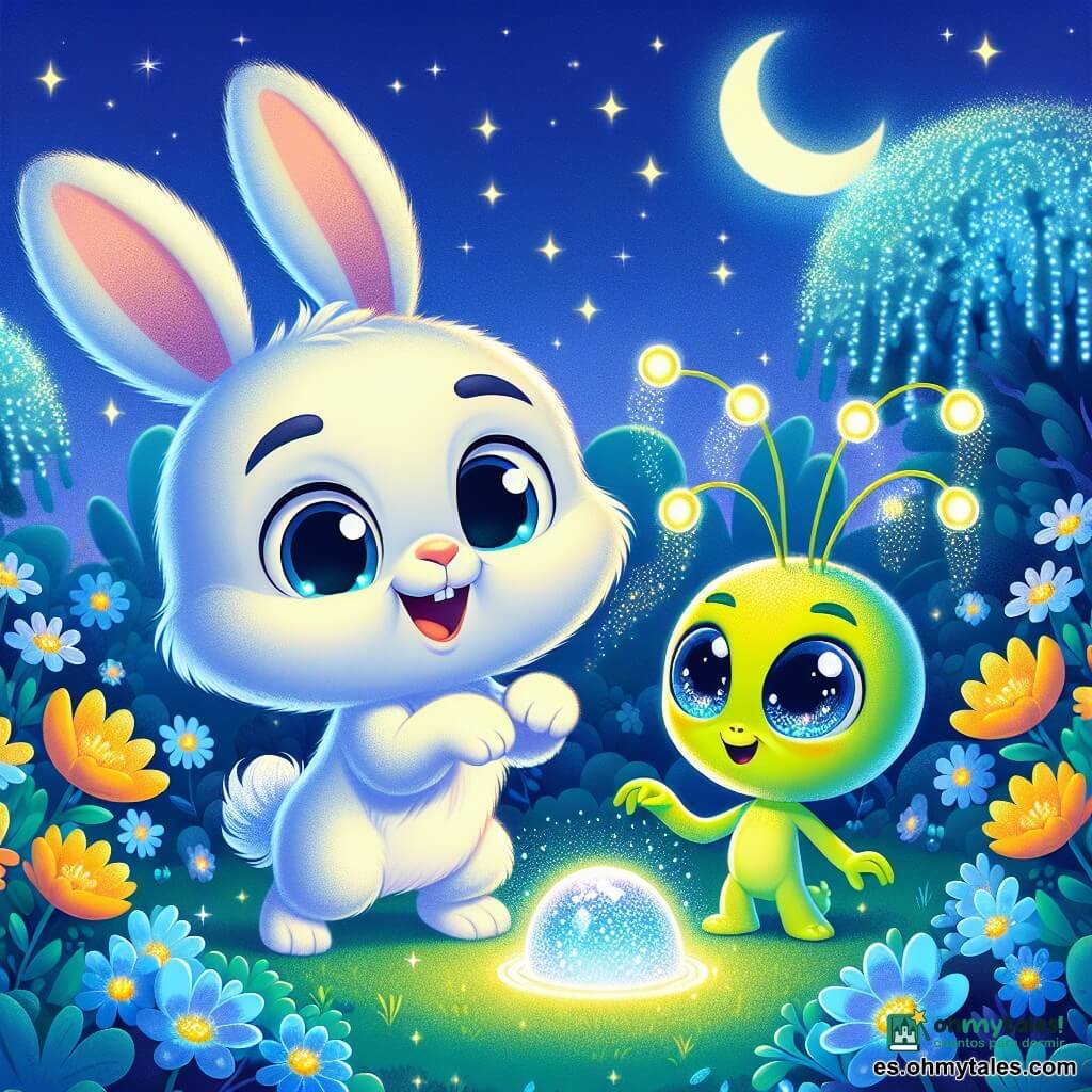 Un pequeño conejo llamado Copi, con grandes orejas y un pelaje suave y blanco, salta alegremente en medio de un jardín lleno de flores azules brillantes. Sus ojos brillan de emoción y curiosidad mientras toca una bolita plana que emite una luz plateada con una pata delantera. Junto a él, un extraterrestre verde limón, con ojos redondos y chispeantes, se encuentra sobre una pequeña nube de luz. Tiene tentáculos que bailan a su alrededor y una sonrisa cálida en su rostro, mostrando su alegría por conocer a un nuevo amigo. El jardín está bañado por una suave luz lunar, con estrellas centelleantes en un cielo nocturno. Árboles con hojas brillantes rodean el jardín, creando una atmósfera mágica y acogedora. La escena principal muestra a Copi y al extraterrestre saludándose alegremente, aprendiendo a decir "hola" juntos, rodeados de flores luminosas que se iluminan con cada palabra pronunciada.