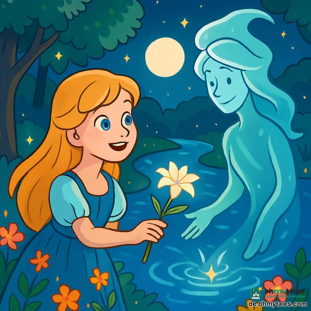 Cinderella, ein Mädchen mit langen goldenen Haaren, steht am Ufer eines wunderschönen Flusses, der im Mondlicht funkelt. Ihr Gesicht strahlt Neugier und Staunen aus, ihre leuchtenden Augen reflektieren die Magie der Nacht. Sie trägt ein einfaches, aber elegantes Kleid, verziert mit zarten Blumen, die im Wind zu tanzen scheinen. Neben ihr schwebt ein Flussgeist, eine ätherische Gestalt mit silbernen Reflexen, sanft über dem Wasser. Sein Gesicht ist sanft und beruhigend, und er lächelt warm zu Cinderella und lädt sie ein, näher zu kommen. Der Ort ist bezaubernd: Der Fluss schlängelt sich durch einen grünen Wald, wo majestätische Bäume mit glänzenden Blättern wie Wächter stehen. Glühwürmchen erleuchten die Luft und schaffen eine märchenhafte Atmosphäre, während bunte Blumen die Ufer säumen und lebendige Farbtupfer in dieses nächtliche Bild bringen. Die Hauptsituation zeigt Cinderella, die eine wunderschöne weiße Lilie, ein Symbol für Frieden und Hoffnung, zum Fluss hin streckt. Das Wasser funkelt um die Blume, und ein sanftes Licht strömt von der Oberfläche aus und offenbart die magische Verbindung zwischen Cinderella und dem Flussgeist.