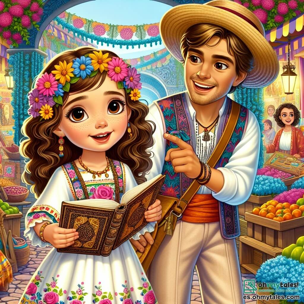Una niña de 8 años, llamada Sofía, se encuentra en el centro de la imagen, con grandes ojos brillantes de curiosidad y una sonrisa radiante. Tiene el cabello rizado y castaño, lleva un vestido colorido adornado con flores y sandalias. Sofía sostiene un libro antiguo en sus manos, mirando asombrada a su alrededor. A su lado está Miguel, un hombre de unos treinta años, con una gran sonrisa y un sombrero de paja. Lleva una camisa de colores y un pantalón ligero. Miguel señala un camino bordeado de flores azules, mostrando a Sofía la dirección a seguir. El escenario es un mercado vibrante y animado, lleno de puestos coloridos que ofrecen frutas exóticas, especias y artesanías. Guirnaldas de flores decoran los puestos, y gente sonriente se mueve a su alrededor, creando una atmósfera alegre y acogedora. Sofía y Miguel están listos para partir a la aventura, con Sofía sosteniendo el libro misterioso que habla de un tesoro escondido en un país mágico. La emoción y el asombro se reflejan en sus rostros mientras se preparan para explorar este mundo lleno de descubrimientos.