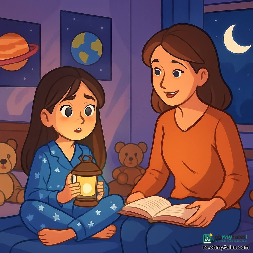O fetiță de 12 ani, cu părul lung și brunet și ochi strălucitori, stă pe pat, cu picioarele încrucișate, având o expresie curioasă și ușor anxioasă. Poartă un pijama albastru cu stele albe și ține o mică lanternă care îi luminează fața cu o lumină aurie. Lângă ea, mama ei, o femeie de aproximativ 35 de ani, cu părul castaniu și un zâmbet reconfortant, stă pe marginea patului, povestindu-i o poveste. Camera este decorată cu postere de planete și jucării de pluș, cu pereți vopsiți în violet pastel. Lumina lanternei creează umbre dansante pe pereți, în timp ce afară, luna strălucește prin fereastră, adăugând o notă de magie atmosferei nocturne. Fetița caută confort în întuneric, pregătită să înfrunte frica de întuneric cu ajutorul mamei sale.