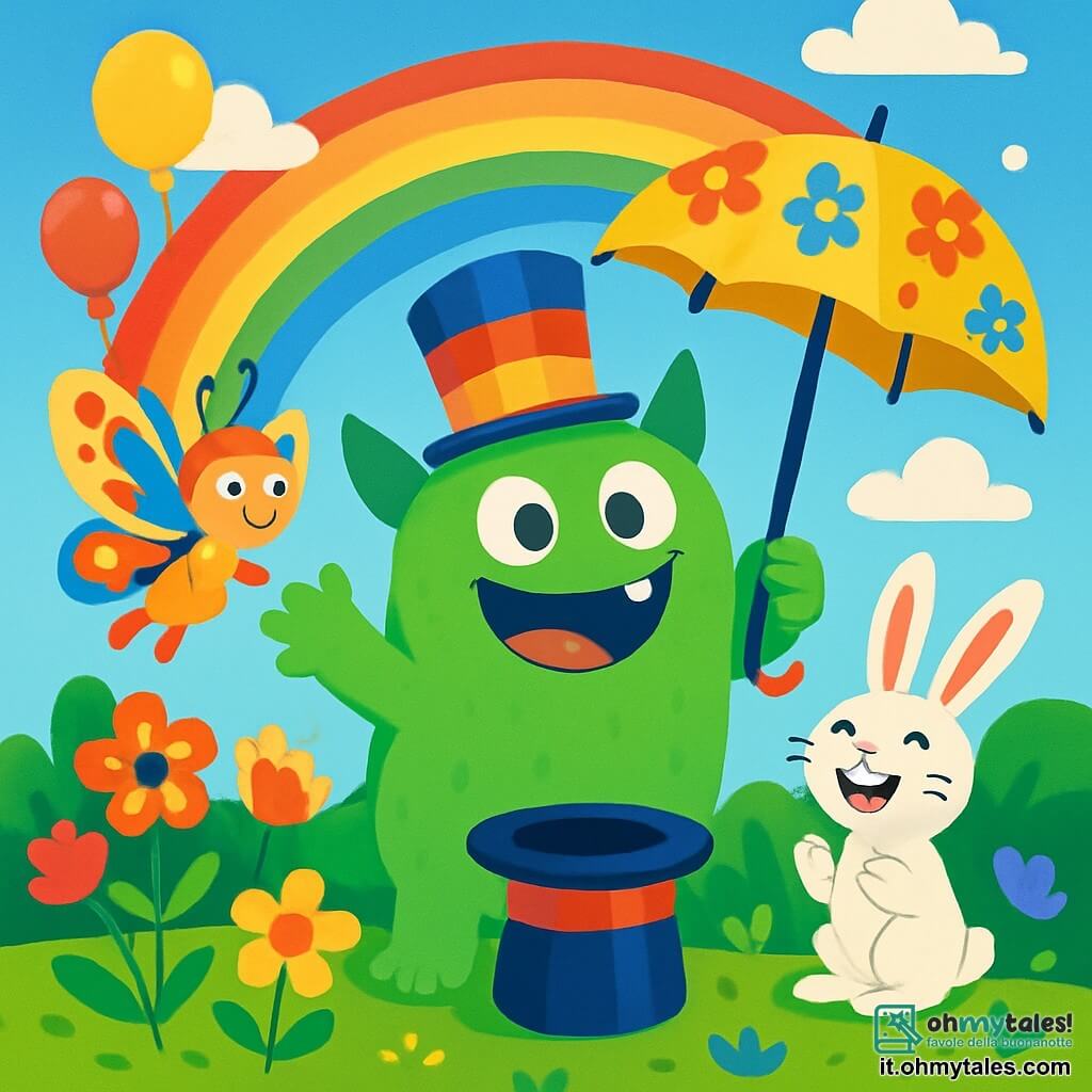 Un grande mostro di nome Gigglo, con una pelle verde brillante, grandi occhi rotondi e orecchie a forma di triangolo, sorride gioiosamente, circondato da un arcobaleno splendente. Indossa un cappello a cilindro colorato e tiene un grande ombrello decorato con fiori. Accanto a lui, Clara, una piccola farfalla dalle ali multicolori, vola allegramente, i suoi occhi brillano di gioia. Bobo, un coniglio dalle grandi orecchie e pelliccia bianca, sta un po' in disparte, ridendo con entusiasmo. La scena si svolge in un giardino incantato, pieno di fiori vivaci, palloncini colorati che fluttuano nell'aria e un cielo blu chiaro punteggiato di nuvole soffici. Gigglo, come mago, prepara uno spettacolo di magia divertente, estraendo sorprese dal suo cappello, mentre tutti i suoi amici ridono e applaudono, creando un'atmosfera di festa gioiosa e magica.