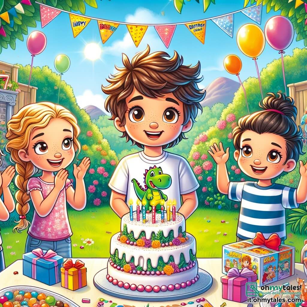 In un giardino soleggiato, Marco, un ragazzo di 8 anni con capelli castani e un grande t-shirt con un motivo di dinosauro, è al centro sorridente con una grande torta di compleanno davanti a lui. Alla sua destra, Sara, una ragazza dai capelli ricci e biondi, indossa un vestito rosa e tiene un regalo brillante, gli occhi pieni di eccitazione. A sinistra, Luca, un ragazzo con capelli corti e neri, indossando una t-shirt blu, alza le braccia in aria, pronto ad applaudire. Infine, Giulia, una ragazza con capelli castani raccolti in due trecce, indossa una t-shirt a righe e tiene un gioco da tavolo, sorridendo felicemente. Il giardino è decorato con palloncini colorati, festoni di carta e un grande tavolo coperto da una tovaglia a motivi vivaci, con piatti di dolci e torte. Sullo sfondo, un albero maestoso offre ombra, e un piccolo coniglio bianco con un grande fiocco rosso, Benny, si trova su un ramo, pronto a fare un trucco magico. La scena principale mostra Marco circondato dai suoi amici, tutti ridendo e cantando "Buon Compleanno", mentre Benny il coniglio, con un grande sorriso, fa apparire fiori colorati con un colpo di zampa, aggiungendo un tocco di magia a questa giornata speciale.